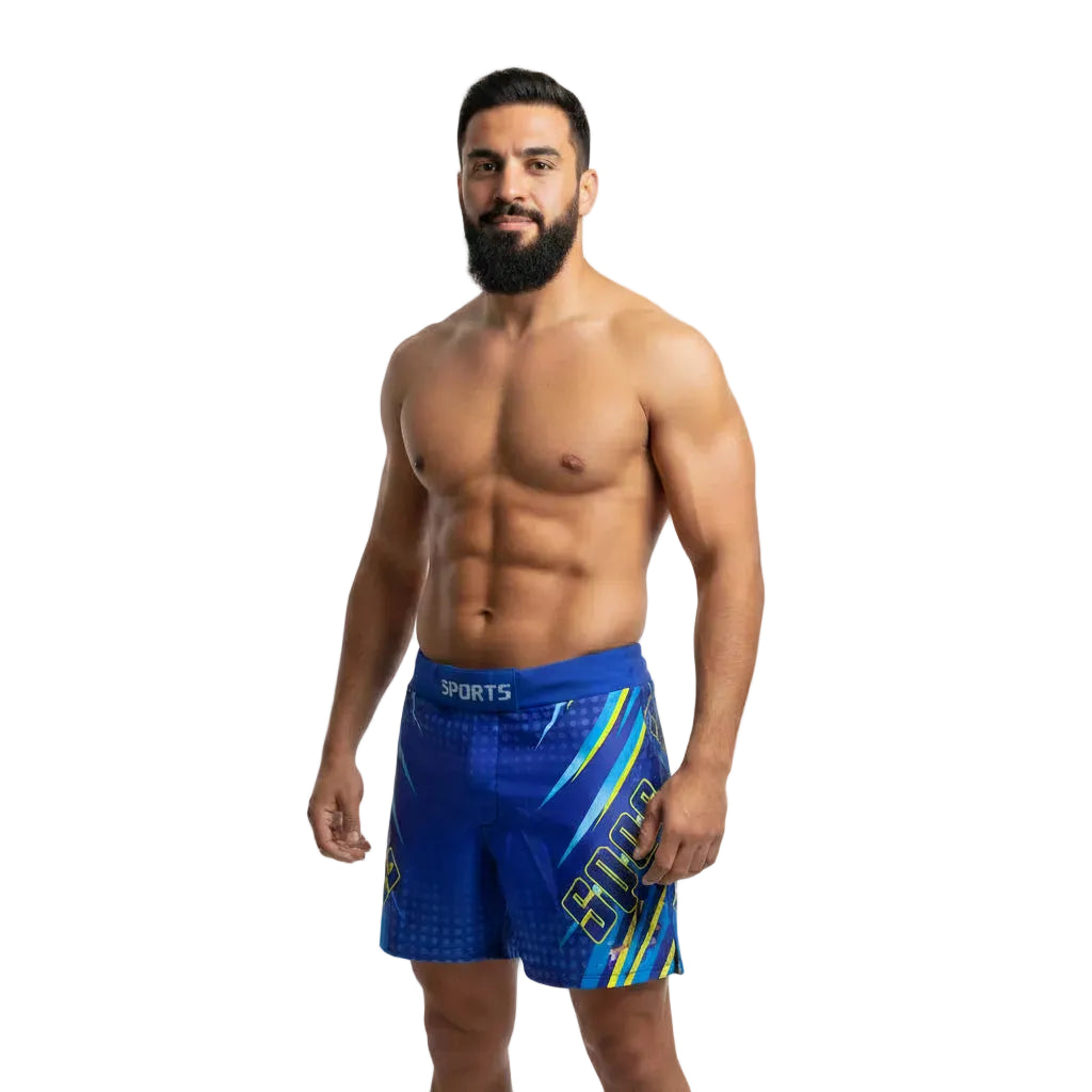 Man wearing blue athletic shorts with a white background