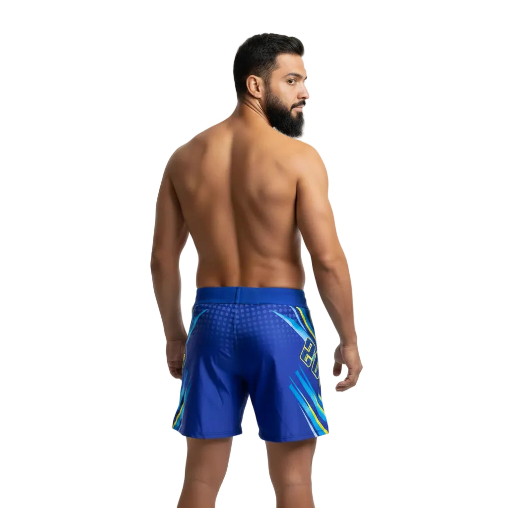 Man wearing blue athletic shorts with a brand logo on a white background