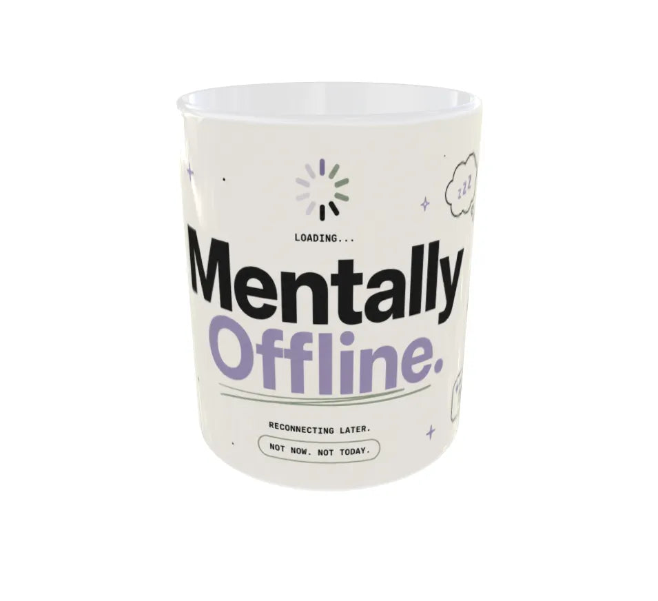 Close-up of minimalist digital detox illustrations on the mug.
