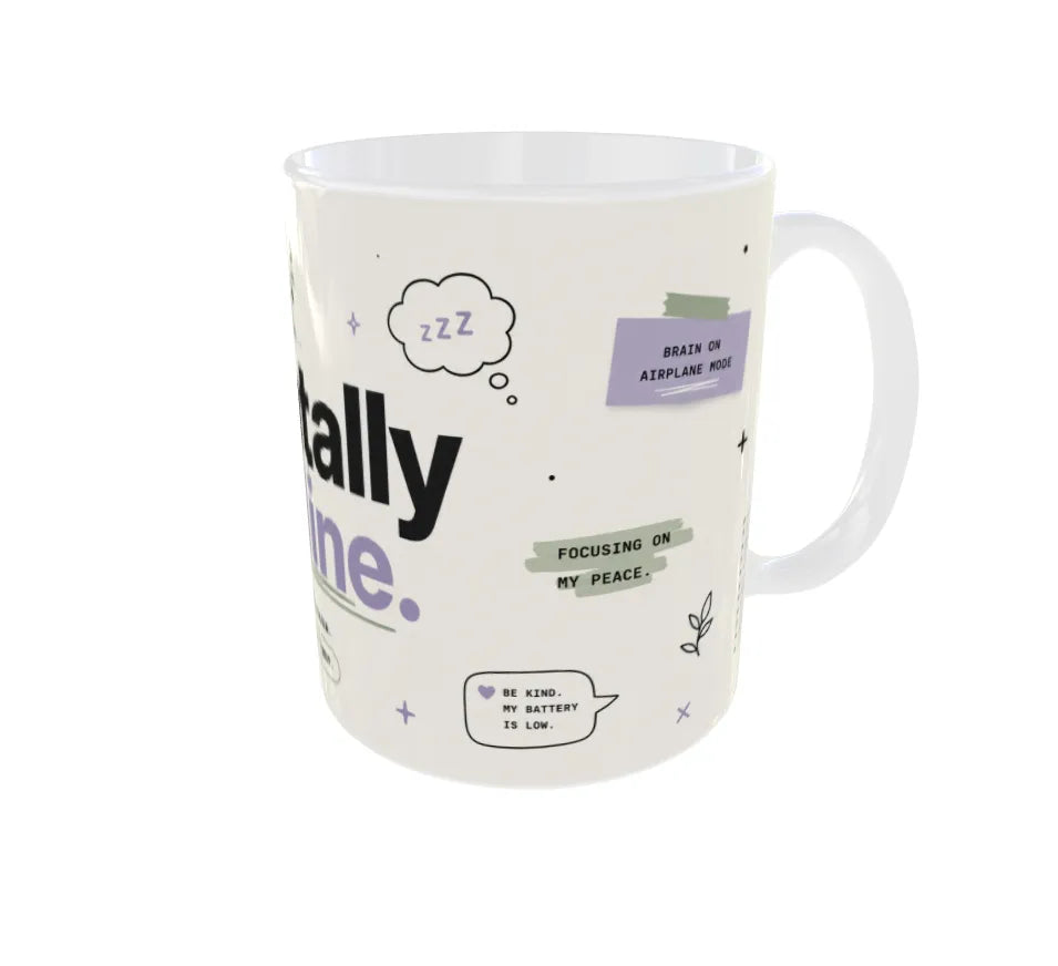 A white ceramic mug with a handle, decorated with black text, purple and gray graphic elements, and small doodles on a plain white background.