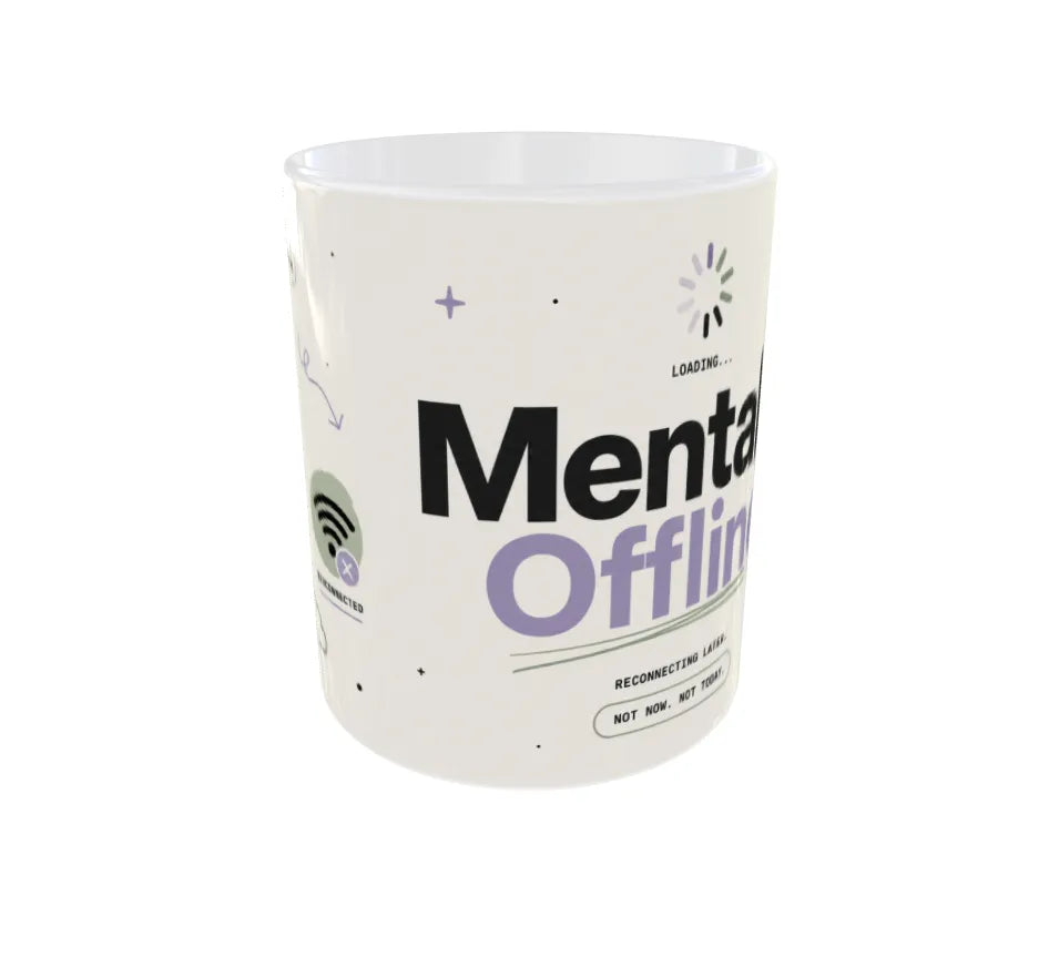 Front view of Mentally Offline ceramic coffee mug featuring bold lavender typography and loading icon.
