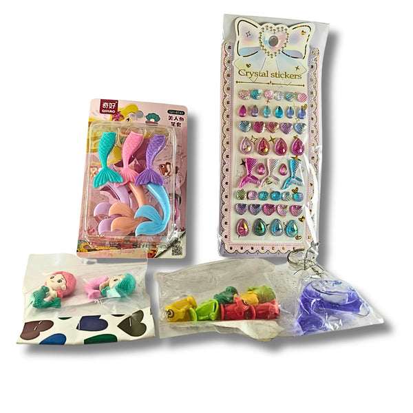 Mermaid Theme Fun Play Set for Girls | Mermaid Erasers, Pencil Toppers, Dolphin Keychain, Crystal Stickers & Fish Beads Kit