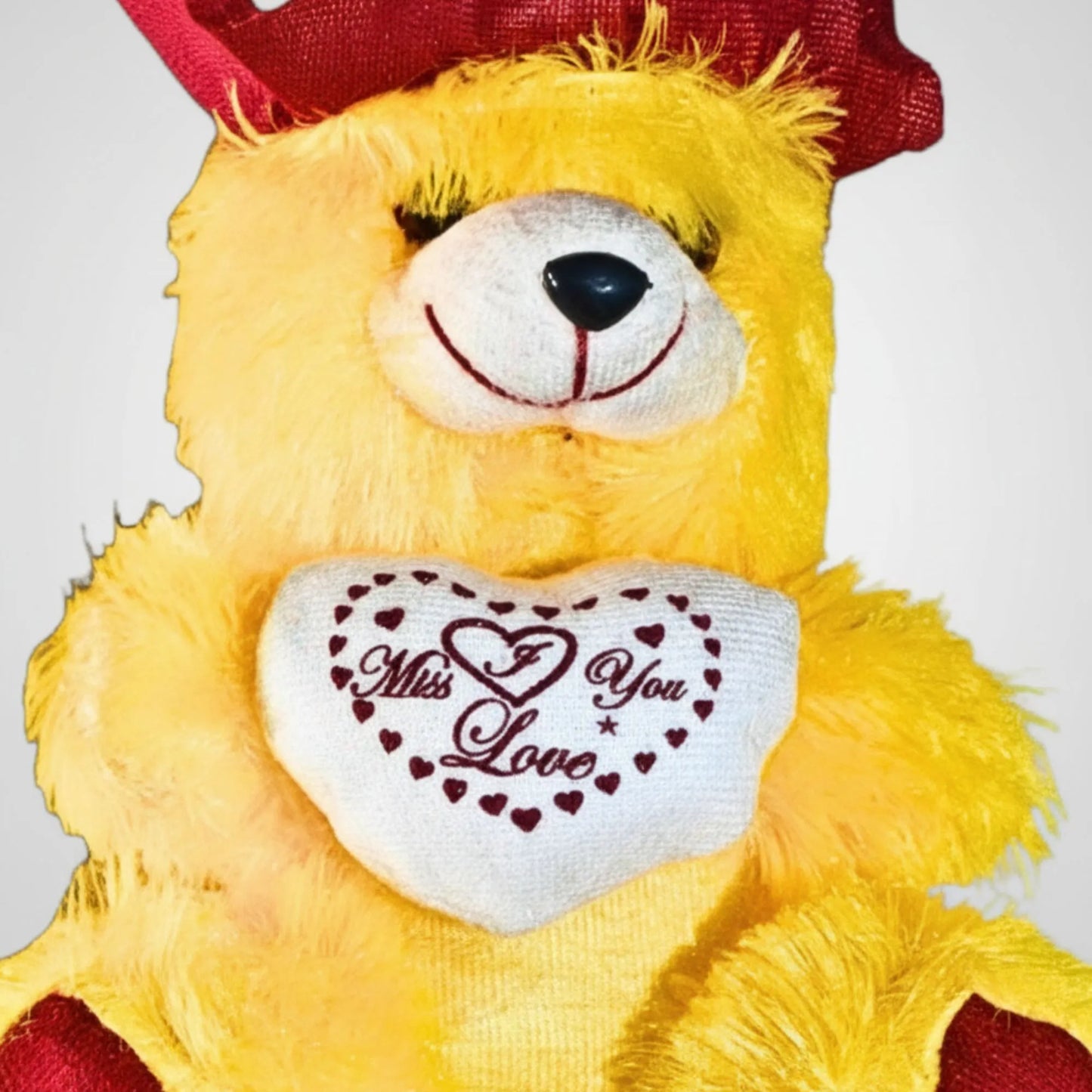 32cm Yellow Miss You Teddy Bear with Heart Cushion | Soft Plush Teddy Gift for Loved Ones, Kids & Couples