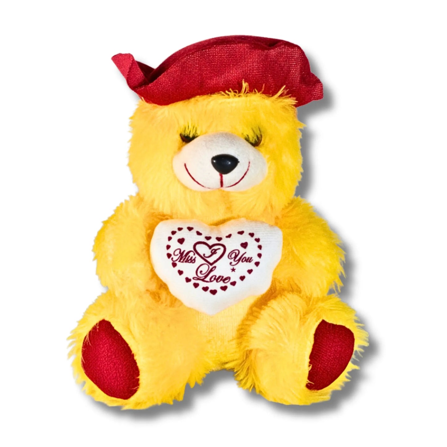 32cm Yellow Miss You Teddy Bear with Heart Cushion | Soft Plush Teddy Gift for Loved Ones, Kids & Couples