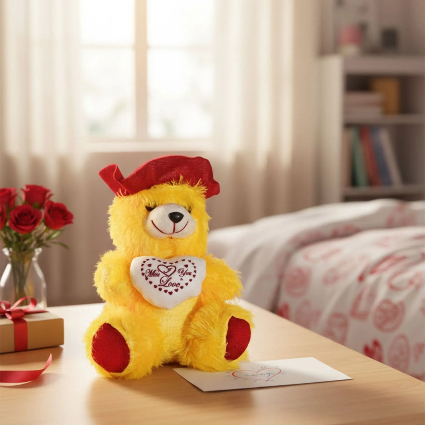 32cm Yellow Miss You Teddy Bear with Heart Cushion | Soft Plush Teddy Gift for Loved Ones, Kids & Couples