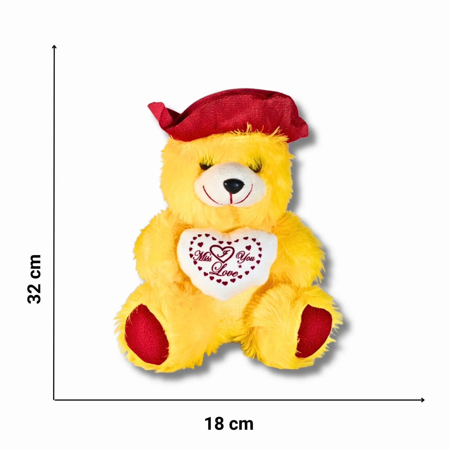 32cm Yellow Miss You Teddy Bear with Heart Cushion | Soft Plush Teddy Gift for Loved Ones, Kids & Couples