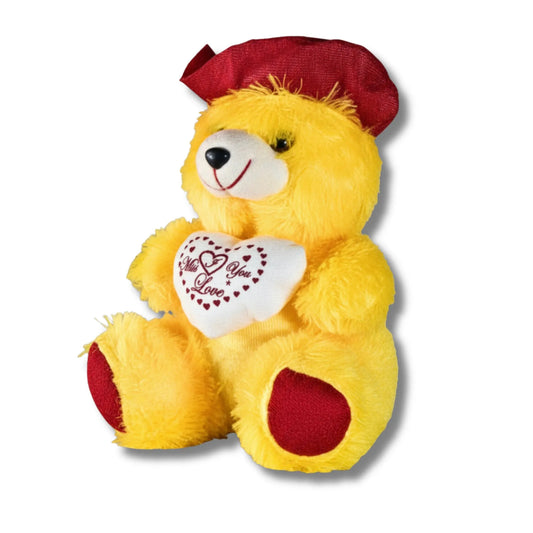 32cm Yellow Miss You Teddy Bear with Heart Cushion | Soft Plush Teddy Gift for Loved Ones, Kids & Couples