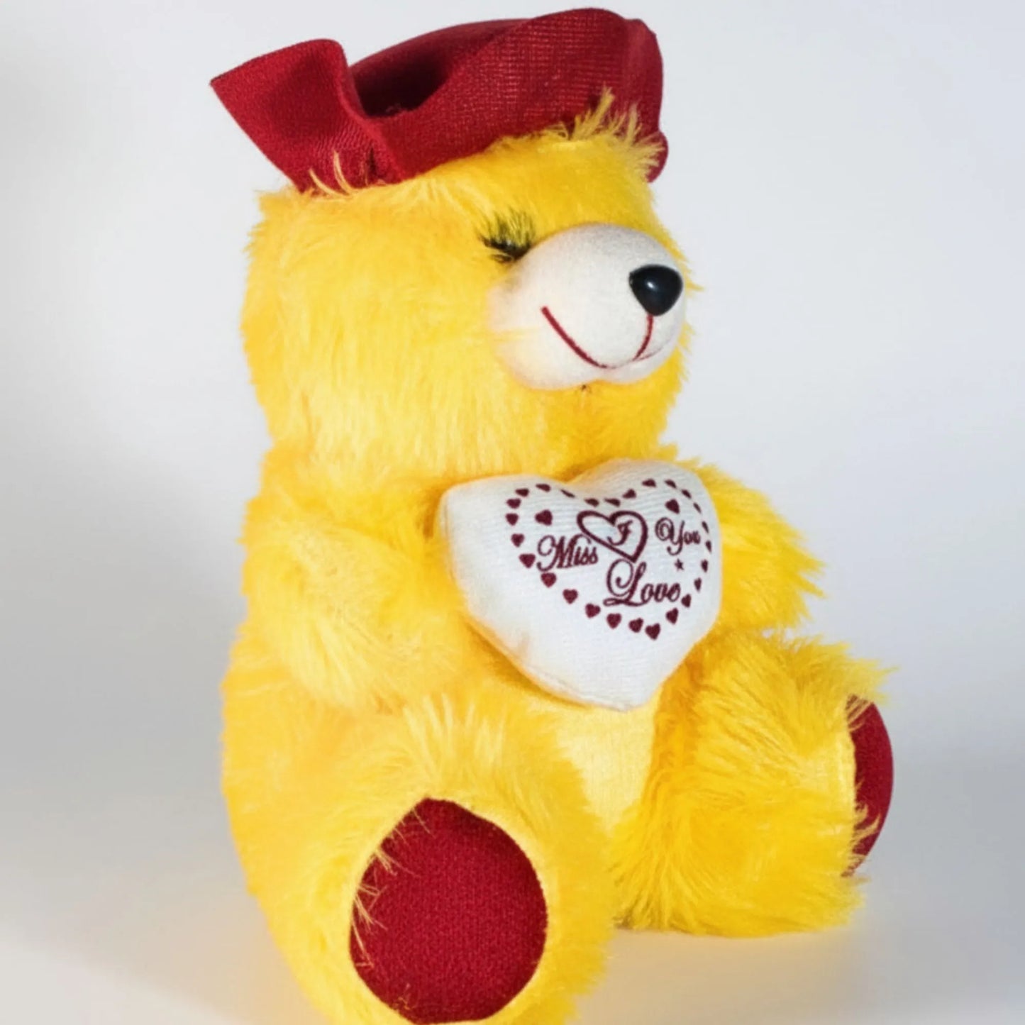 32cm Yellow Miss You Teddy Bear with Heart Cushion | Soft Plush Teddy Gift for Loved Ones, Kids & Couples