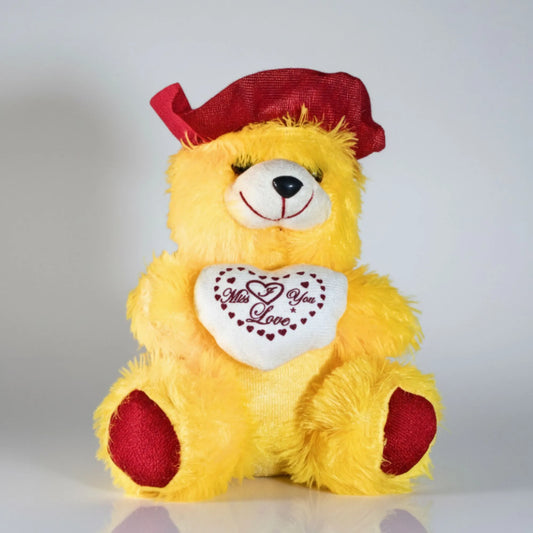 32cm Yellow Miss You Teddy Bear with Heart Cushion | Soft Plush Teddy Gift for Loved Ones, Kids & Couples
