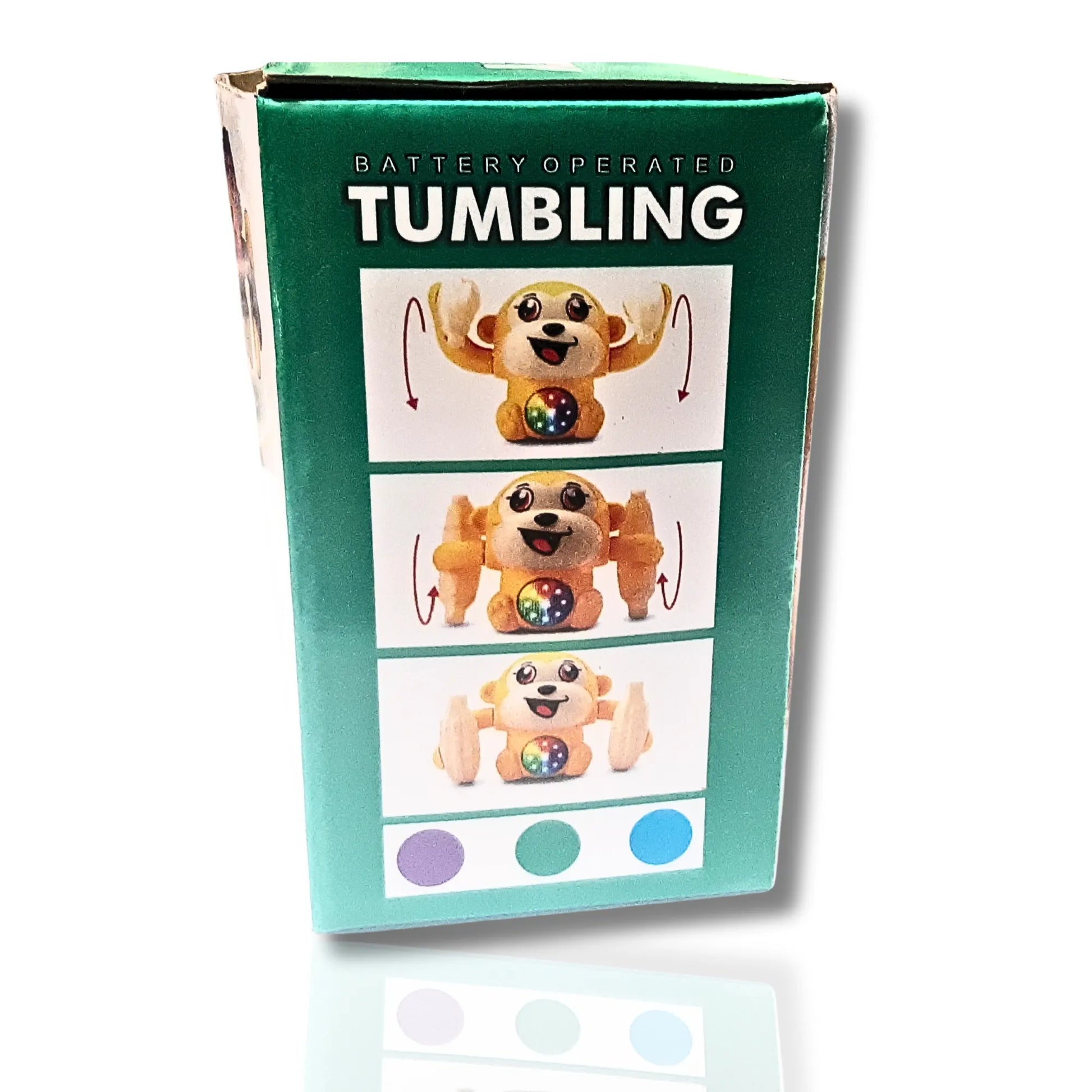 Battery operated tumbling toy packaging with images of the toy on a green background