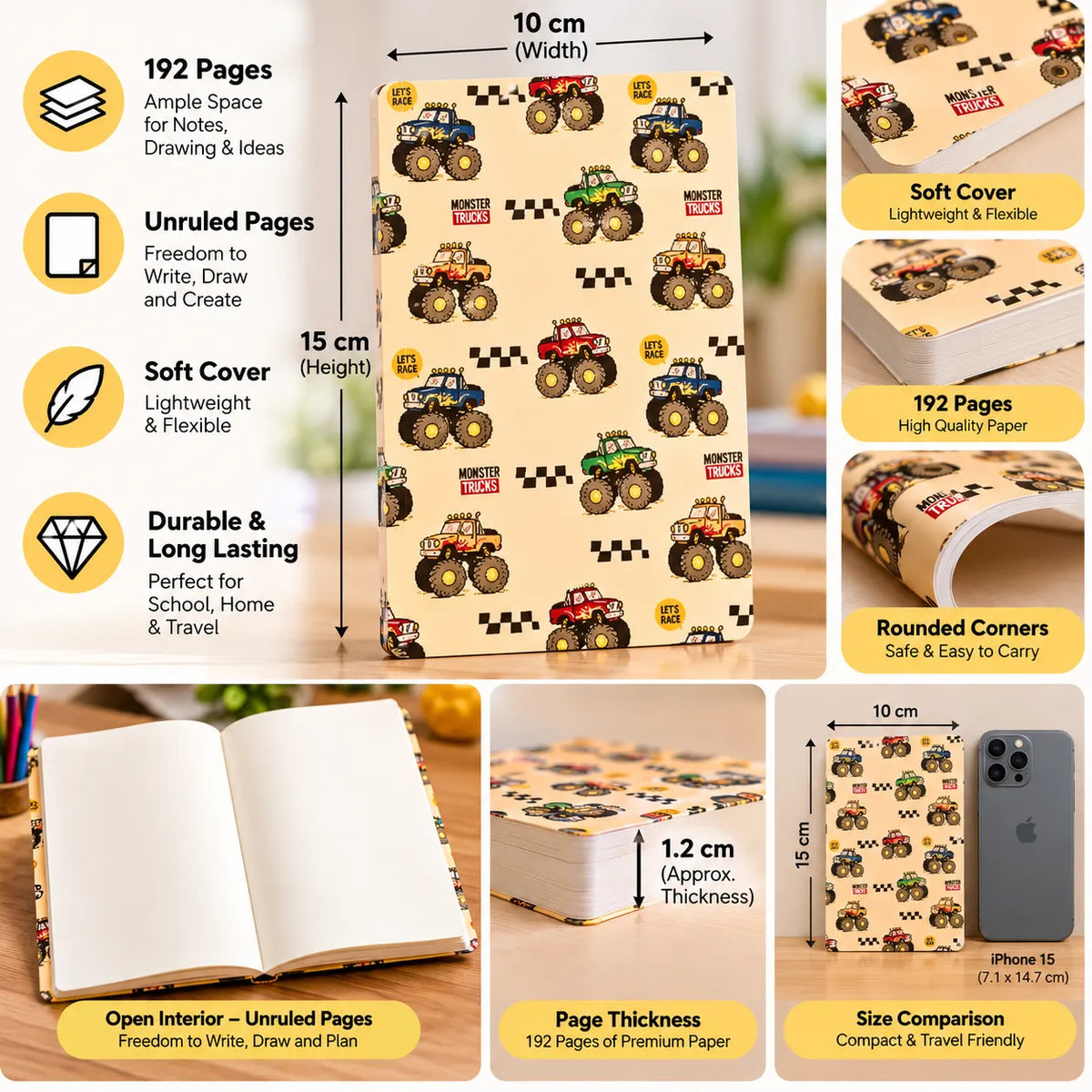 Monster Truck Racing – Kids Soft Cover Ruled Notebook, 192 Pages, 10 × 15 cm