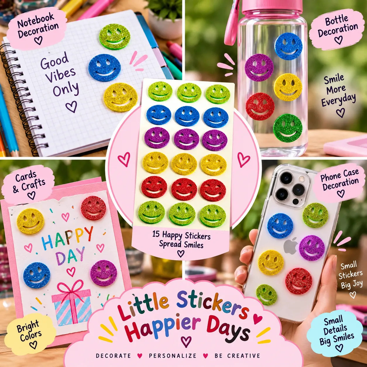 Multicolor Smiley Glitter Stickers | Decorative Craft Stickers