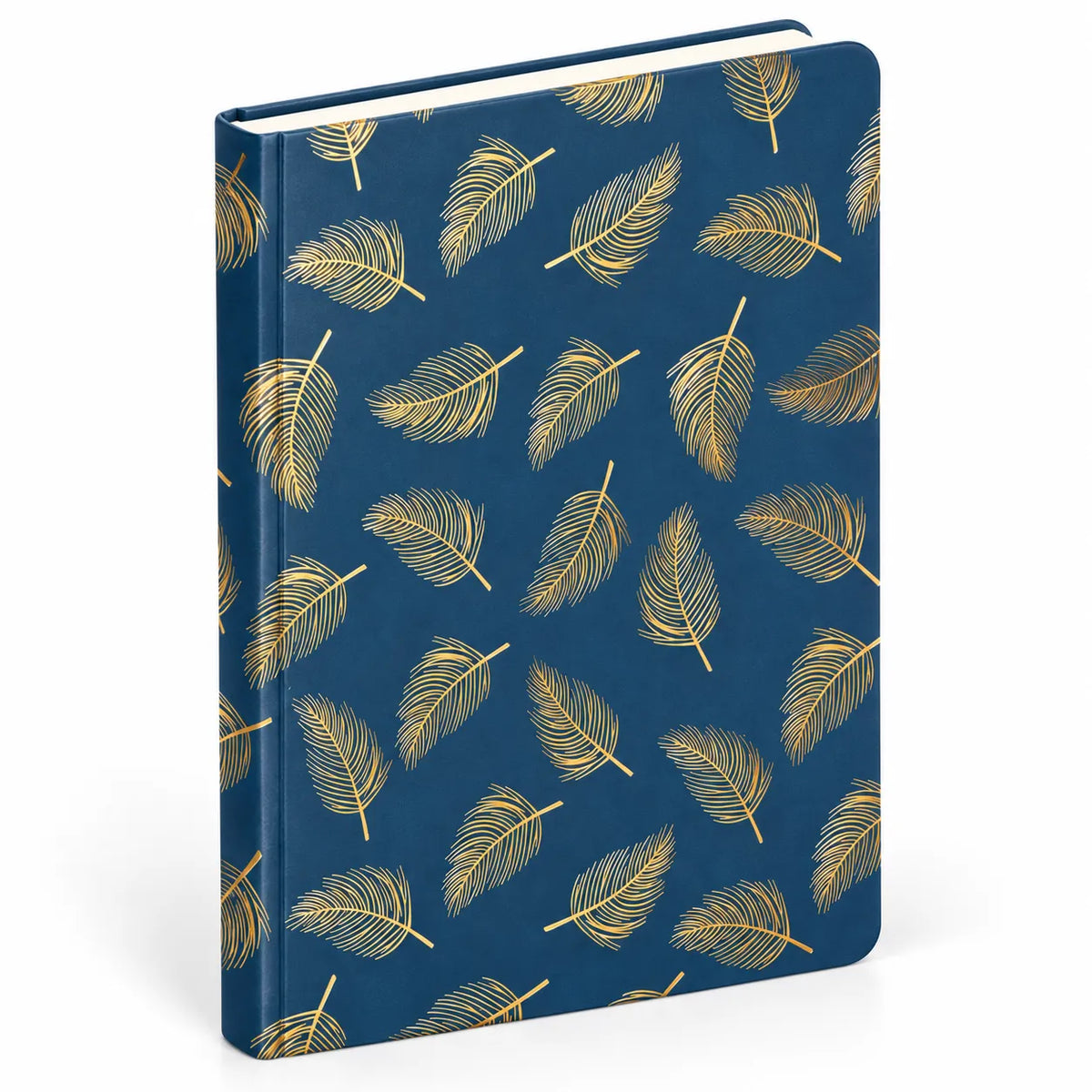 A hardcover notebook with a dark blue cover decorated with a repeating pattern of metallic gold feathers, shown standing upright on a white background.