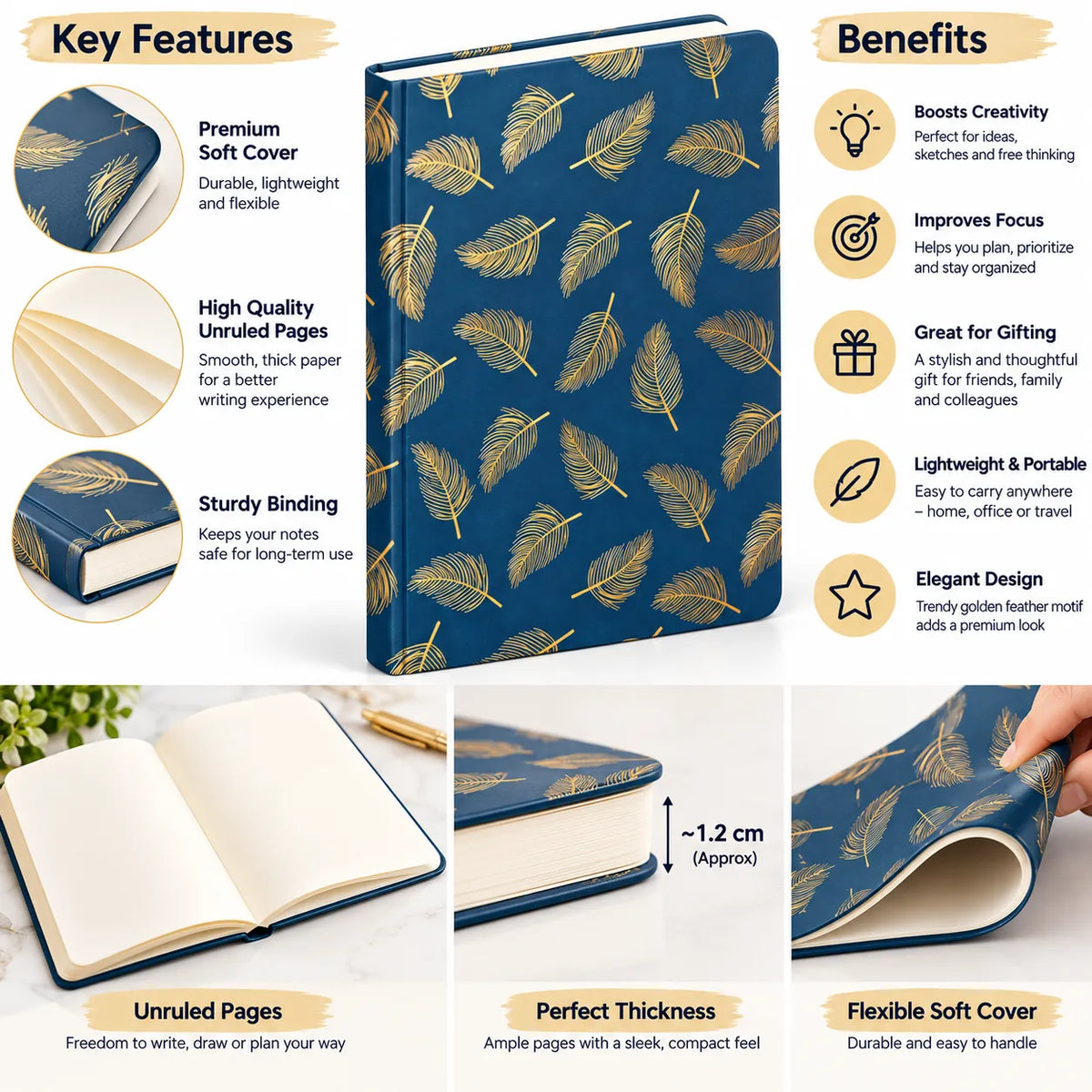 A notebook with a navy blue cover decorated with gold leaf-patterned feathers, shown alongside feature callouts and benefit text. The image includes close-ups of the soft cover, unlined pages, and flexible binding, with a hand shown opening the notebook.