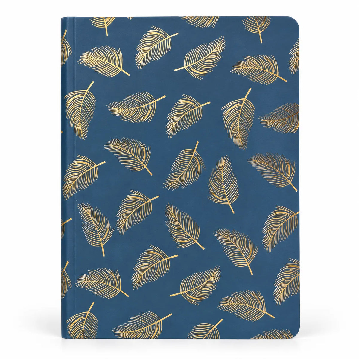A hardcover notebook with a dark blue cover decorated with a repeating pattern of metallic gold feathers, shown against a plain white background.