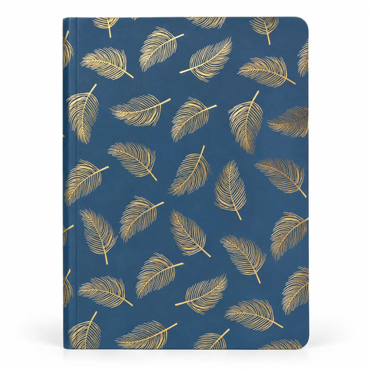 A hardcover notebook with a dark blue cover decorated with a repeating pattern of metallic gold feathers, shown against a plain white background.