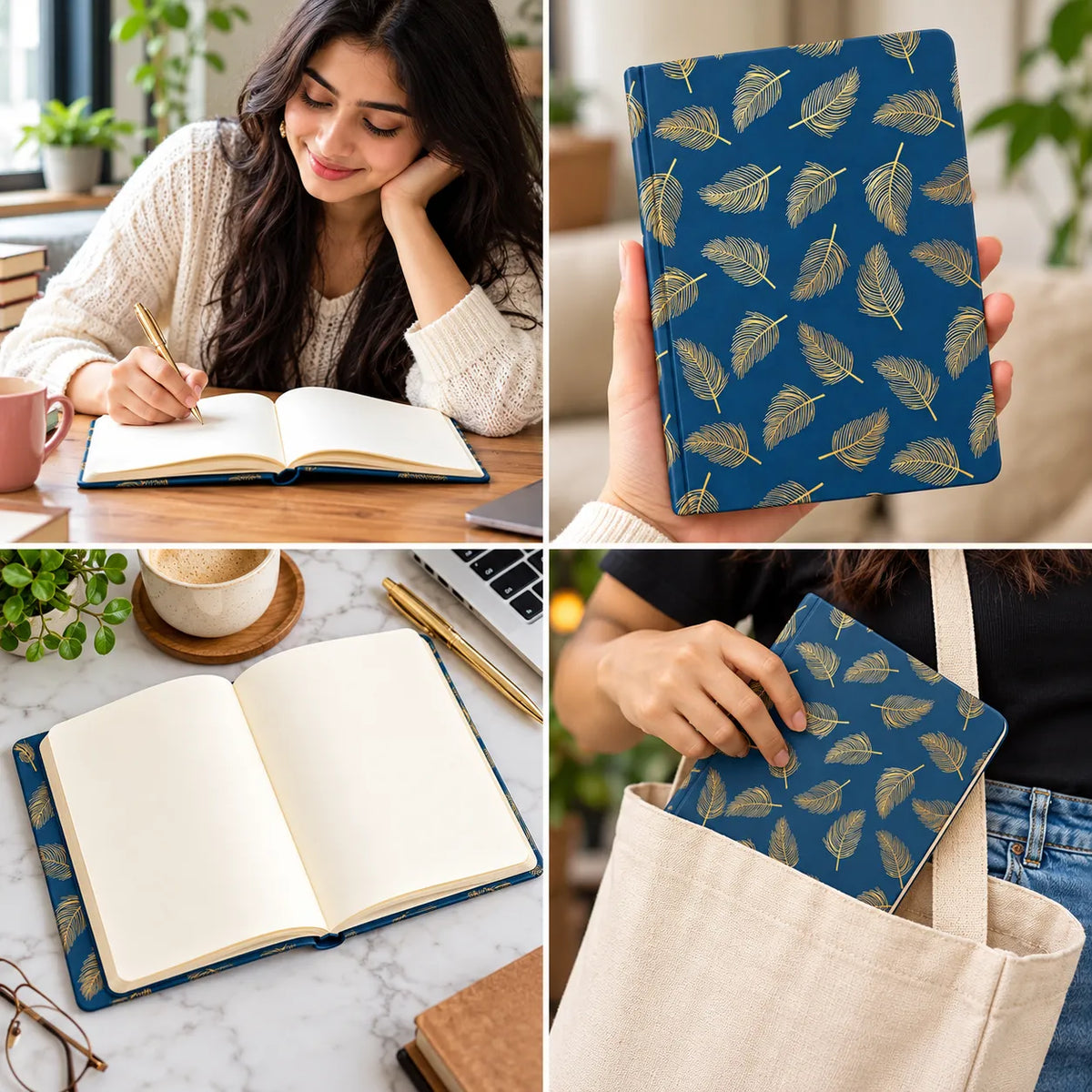 A four-panel collage showing a blue notebook or journal with a gold leaf pattern in different lifestyle settings: on a desk with an open notebook, held in a hand, shown open, and tucked into a beige tote bag.