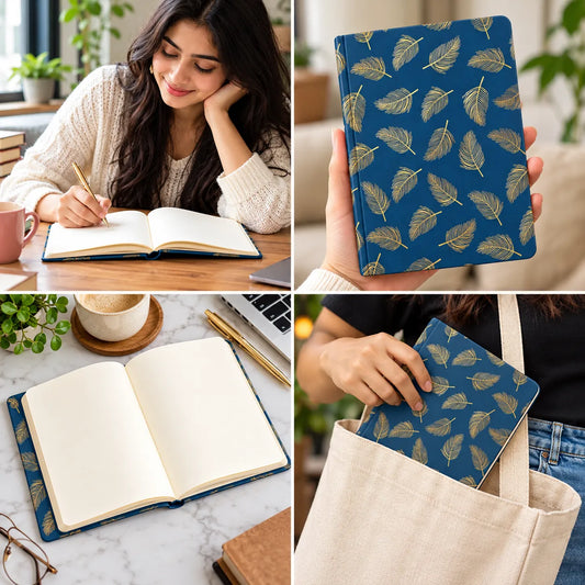 A four-panel collage showing a blue notebook or journal with a gold leaf pattern in different lifestyle settings: on a desk with an open notebook, held in a hand, shown open, and tucked into a beige tote bag.