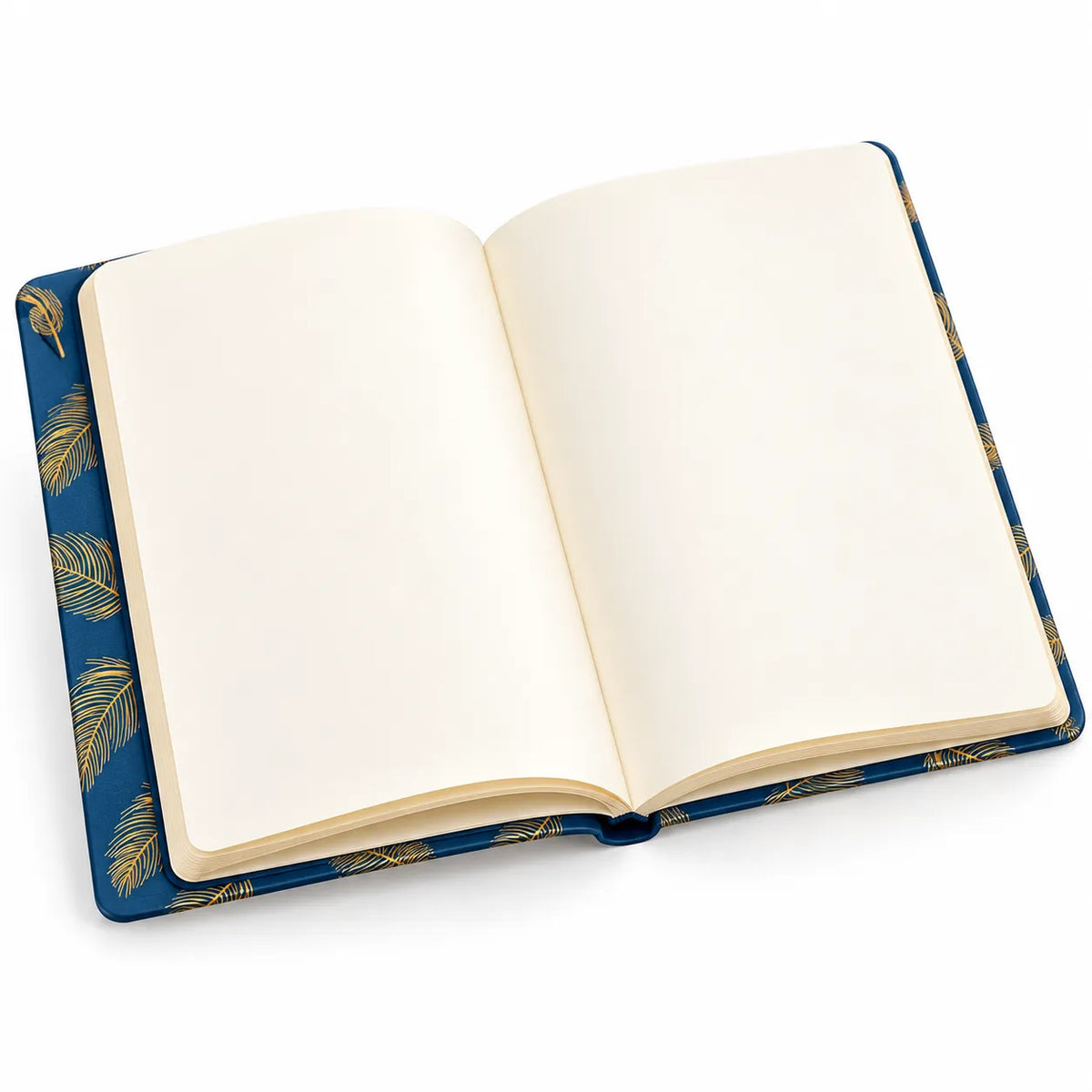 An open notebook with blank cream-colored pages and a blue cover decorated with gold leaf patterns, shown on a clean white background.