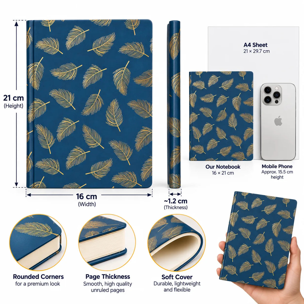 A notebook cover or journal shown in multiple views on a white background, with dimension callouts indicating 21 cm height, 16 cm width, and 1.2 cm thickness.