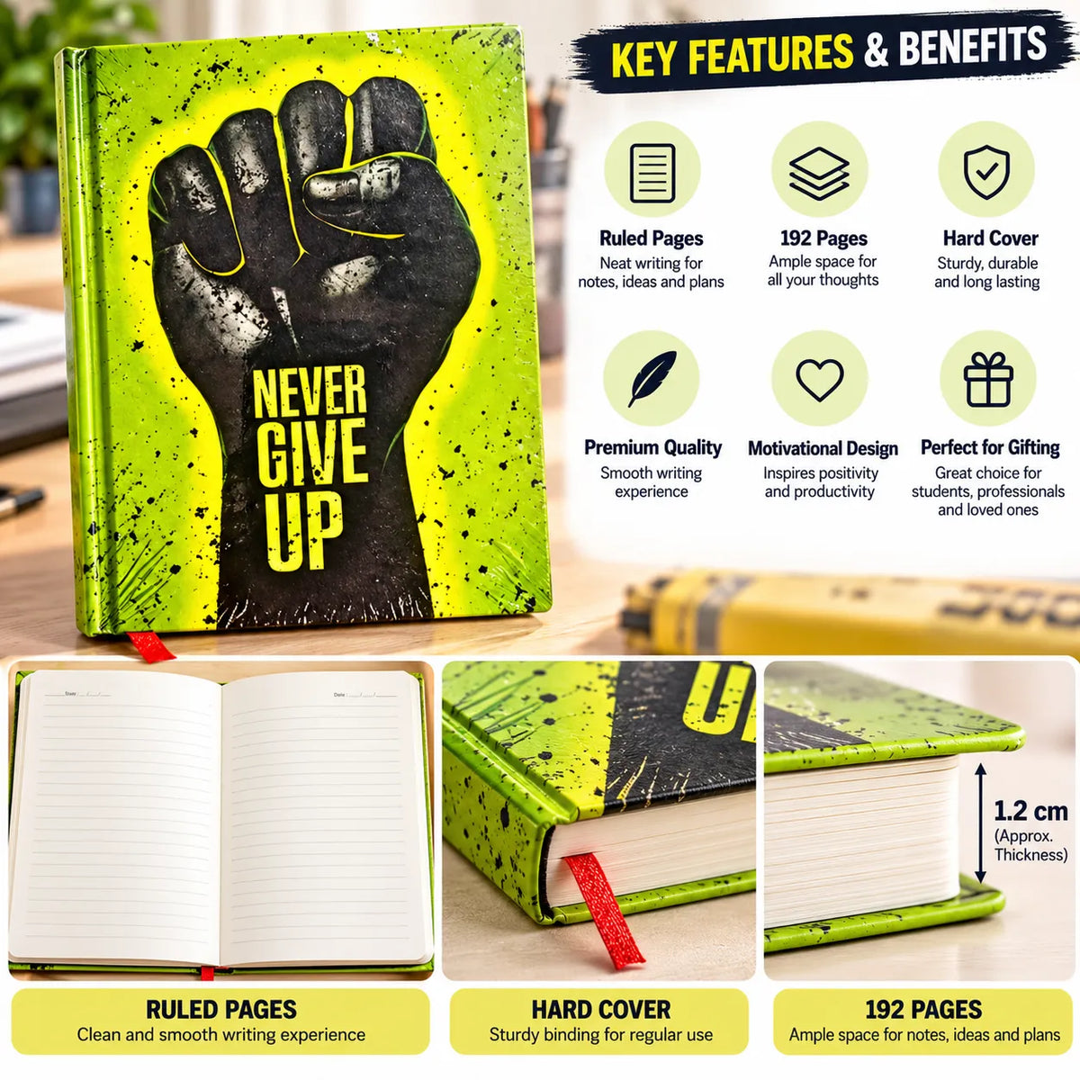 Never Give Up Motivational Ruled Notebook –14.8 x 10.5 cm, 192 Pages