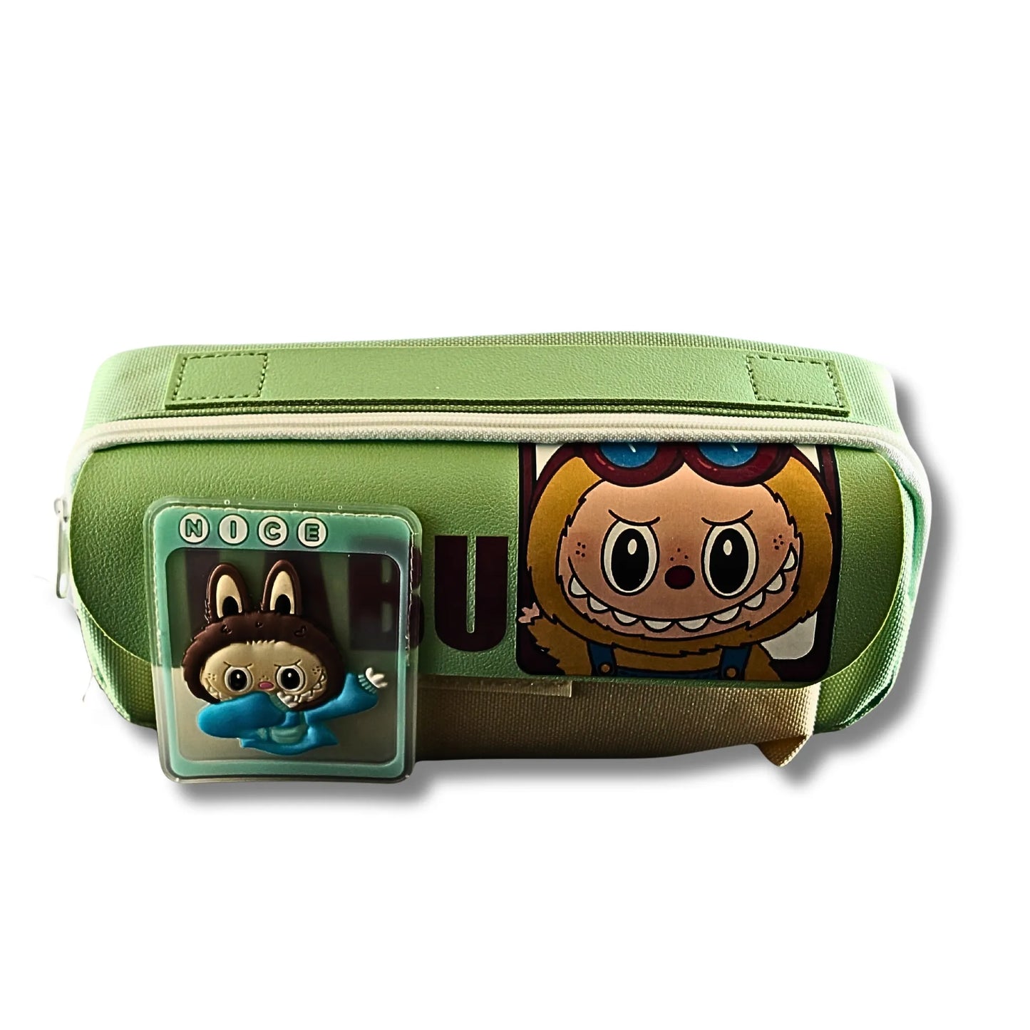Green Labu pouch with cartoon character design on a white background