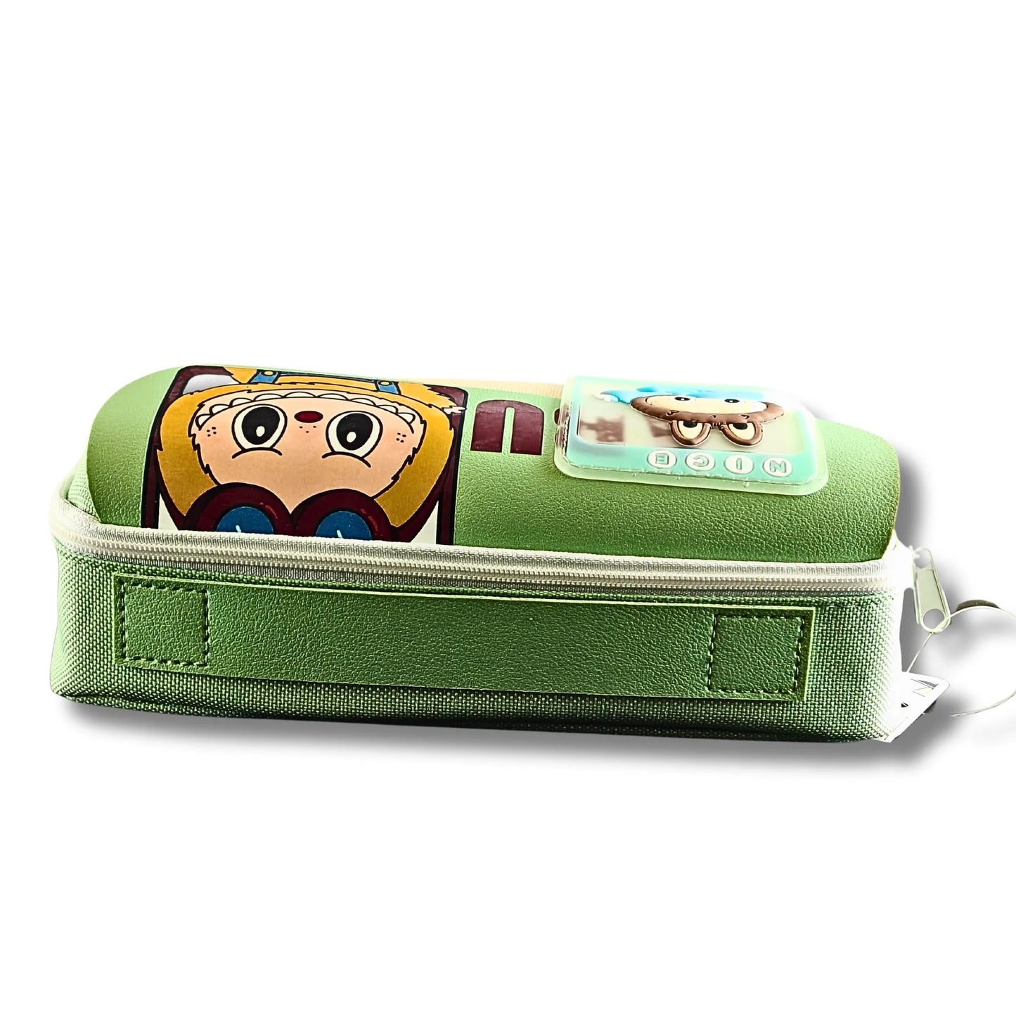 Green pencil case with cartoon character design on a white background