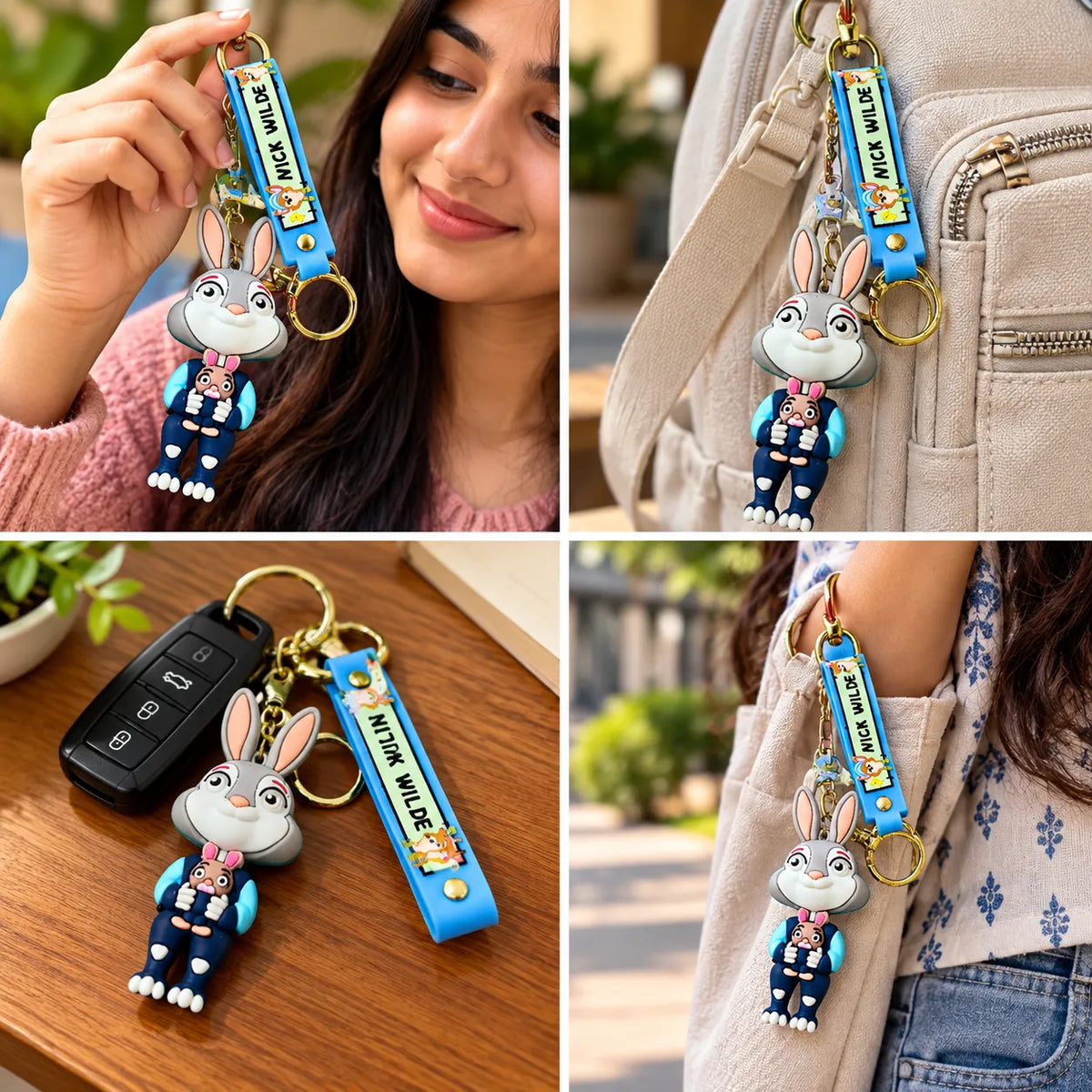 Cute Cartoon Rabbit Character Keychain with Blue Strap