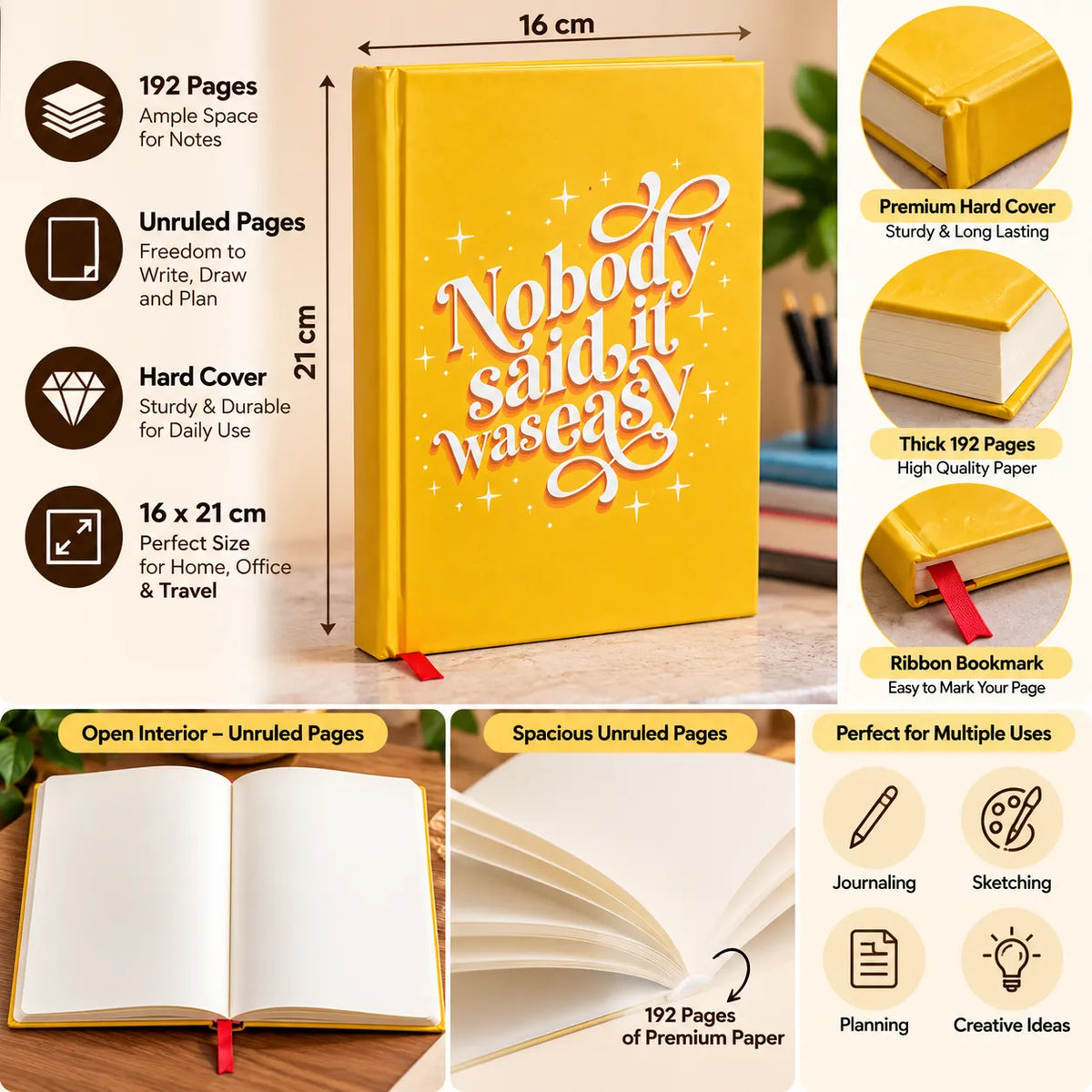 Nobody Said It Was Easy – Unruled Hard Cover Diary, 192 Pages, 16 × 21 cm