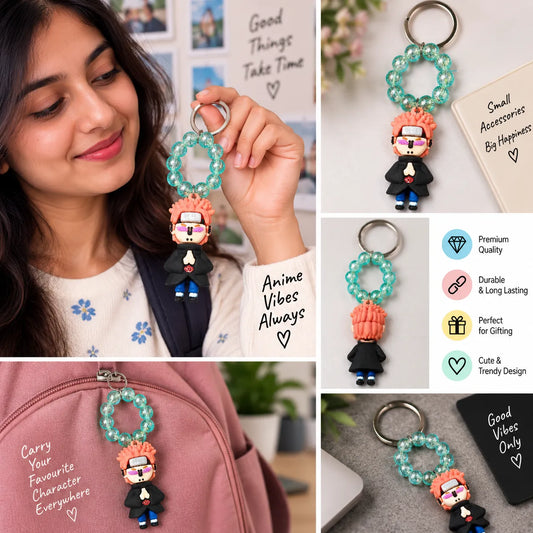Orange-Haired Anime Ninja Character Keychain with Green Beaded Loop