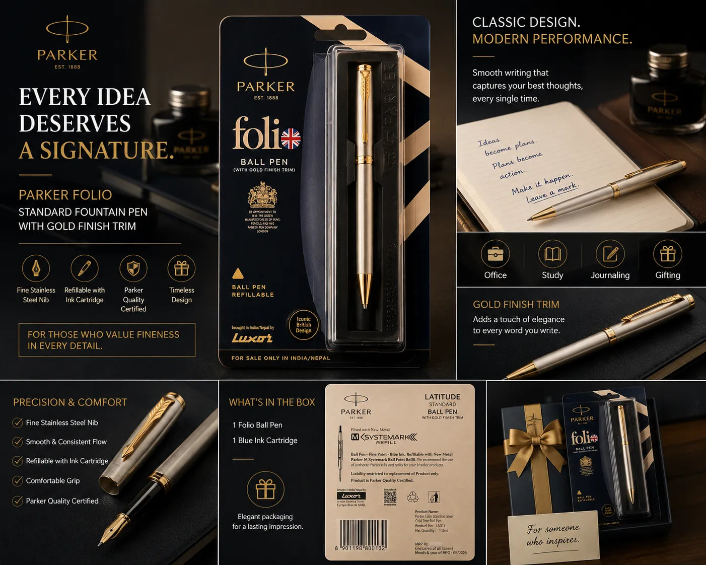 PARKER Folio Stainless Steel Gold Trim Ball Pen
