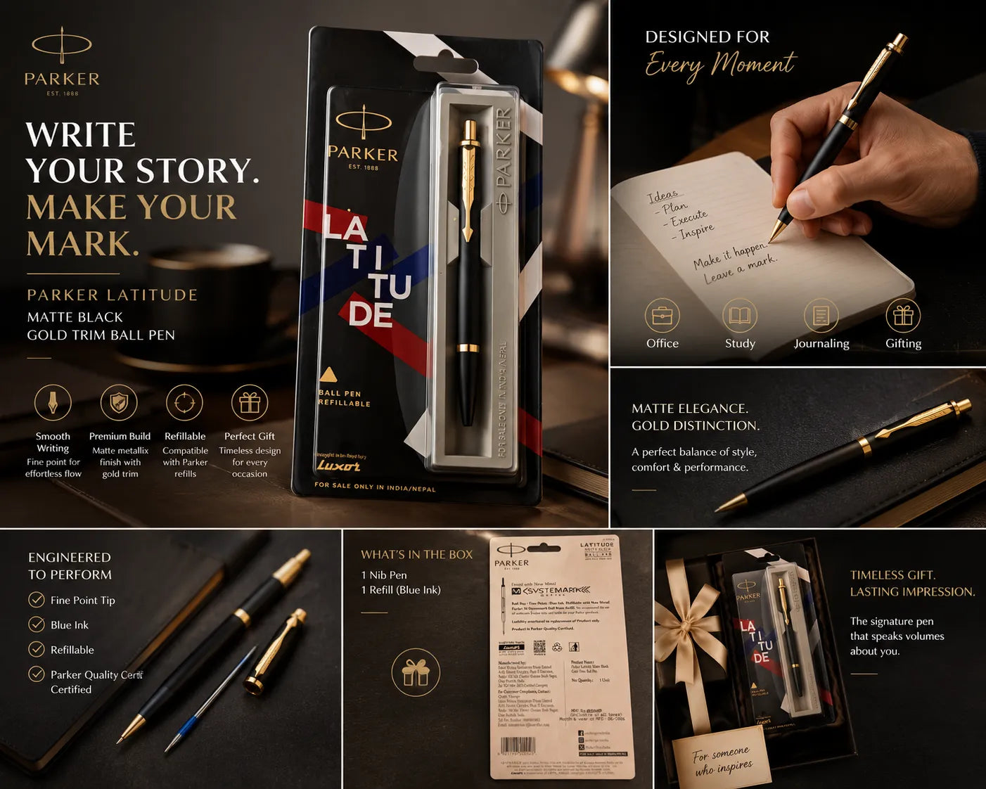 PARKER Latitude Matte Black Gold Trim Ball Pen