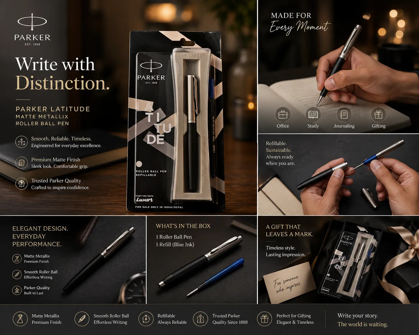 PARKER Latitude Matte Metallic Roller Ball Pen with Chrome Trim