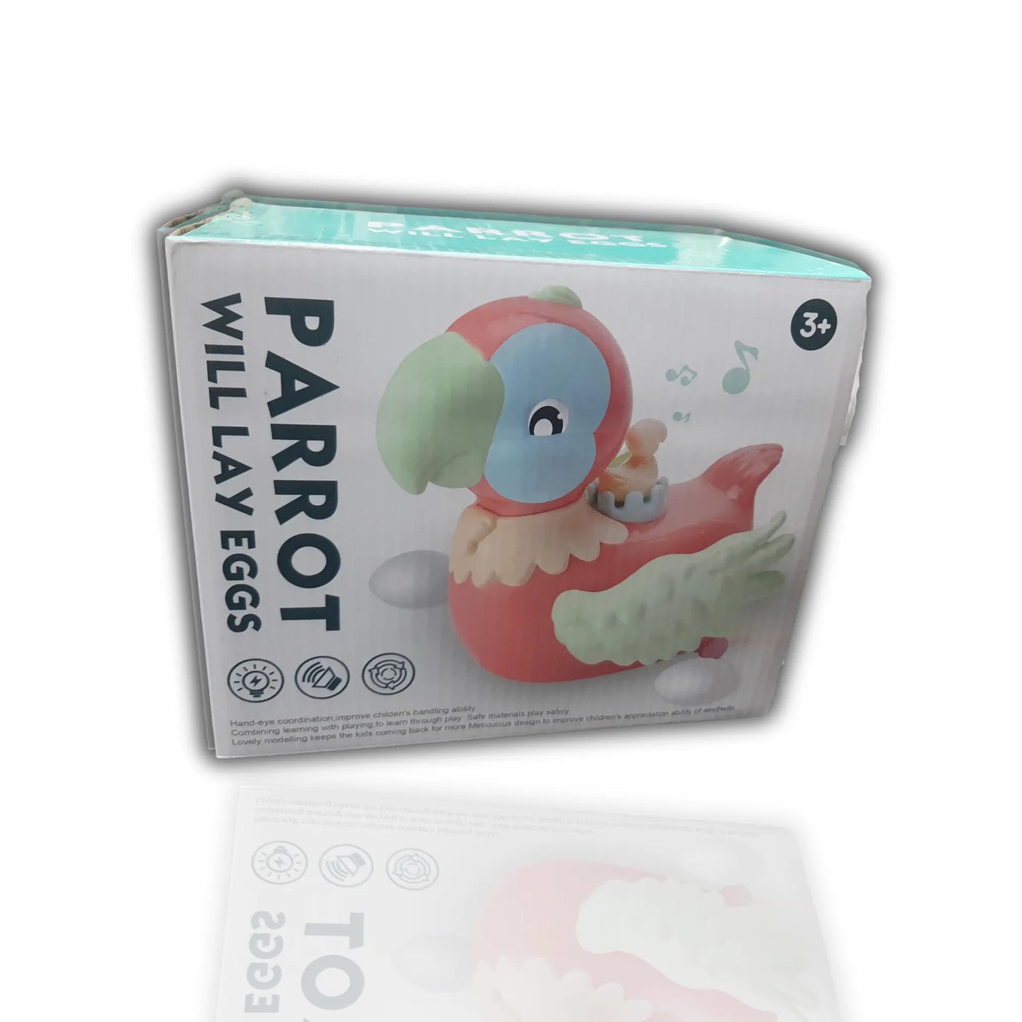Box of a parrot toy with text 'Parrot Will Lay Eggs' on a white background