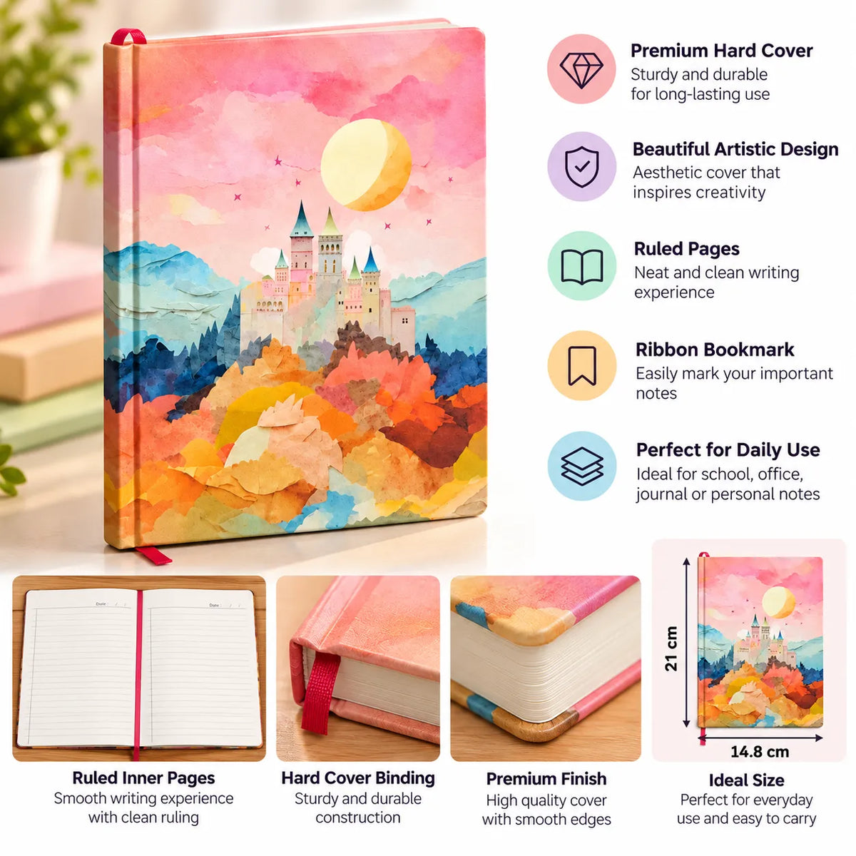 Pastel Fantasy Castle Hardcover Notebook – 192 Pages | Dreamy Watercolor Journal with Ribbon Bookmark