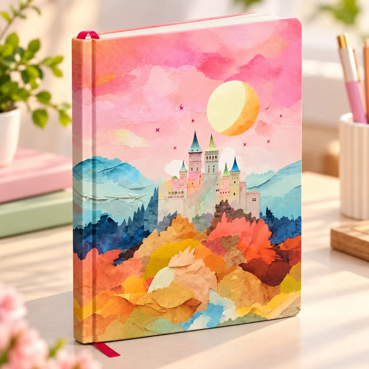 Pastel Fantasy Castle Hardcover Notebook – 192 Pages | Dreamy Watercolor Journal with Ribbon Bookmark