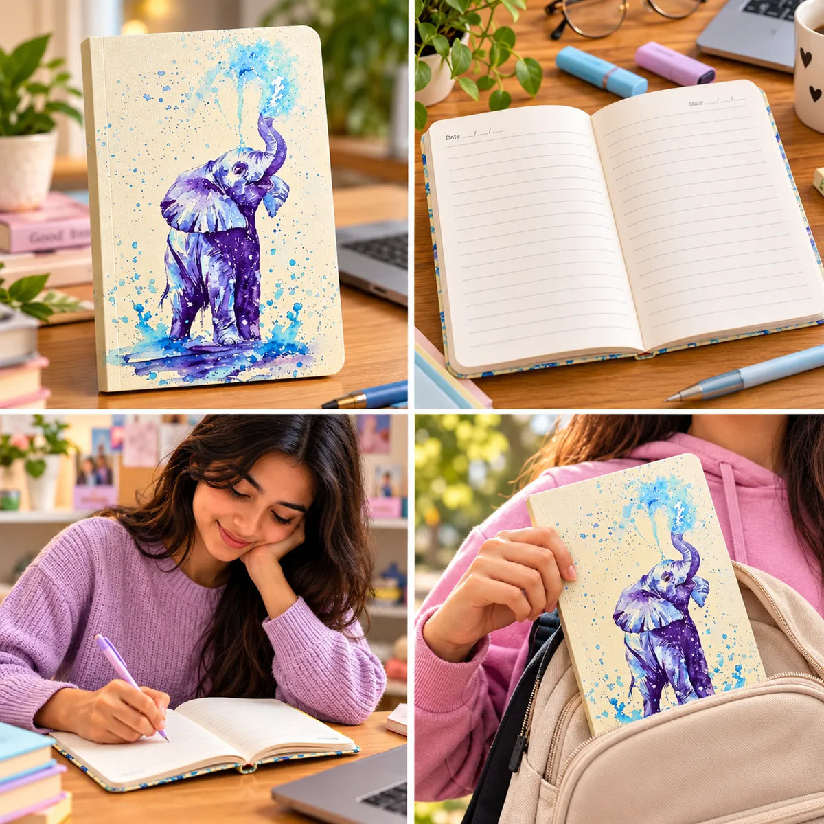 Pastel Watercolor Elephant Notebook – Soft Cover Ruled Diary, 192 Pages, 18 × 12.5 cm