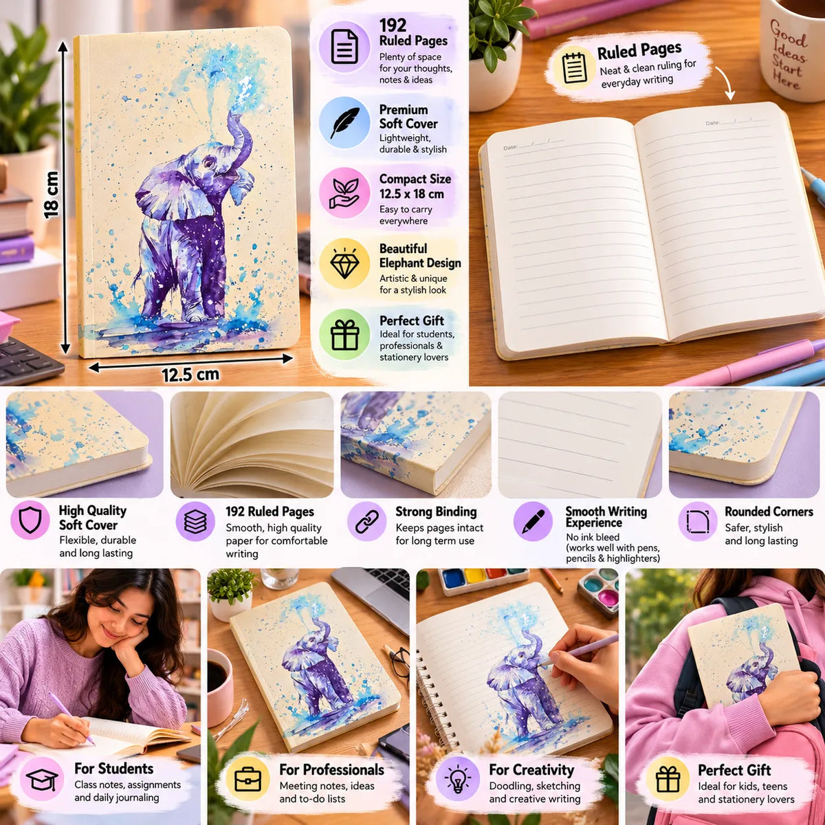 Pastel Watercolor Elephant Notebook – Soft Cover Ruled Diary, 192 Pages, 18 × 12.5 cm