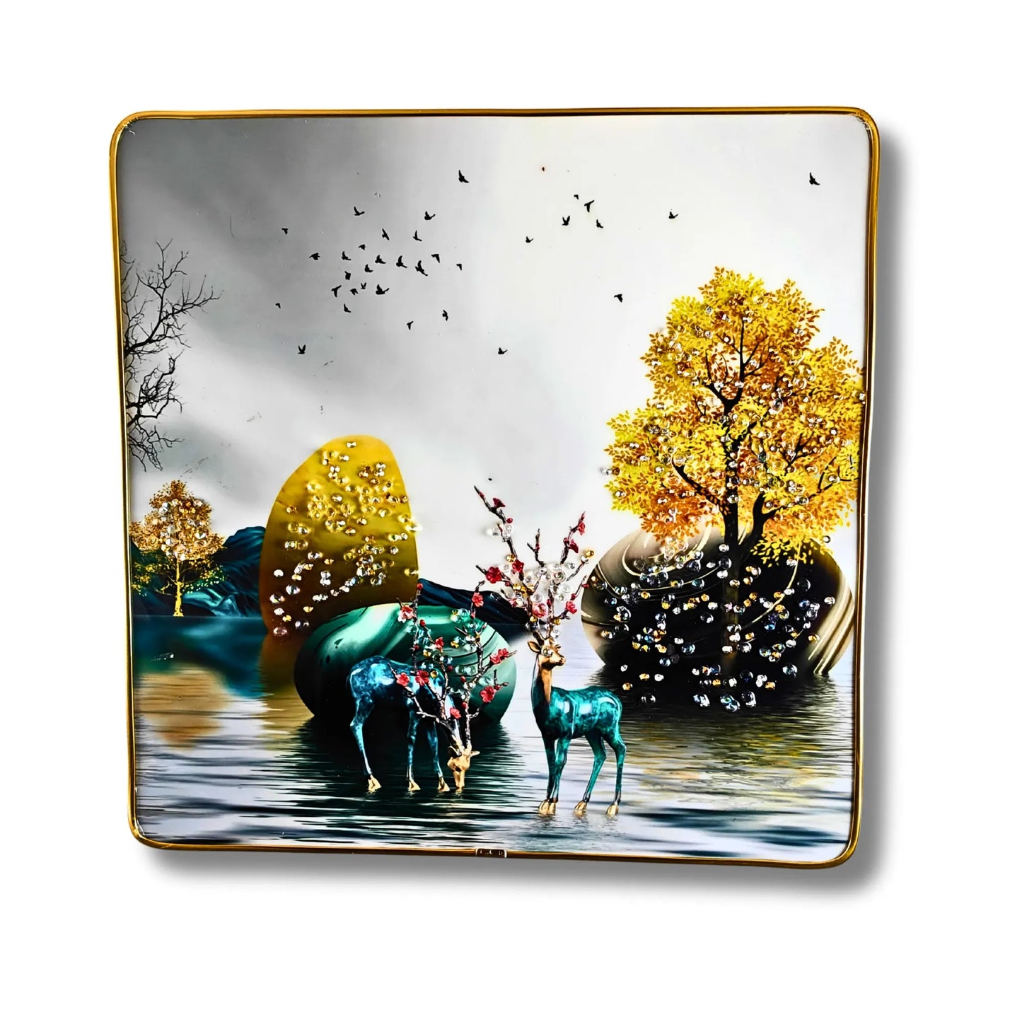 Set of 2 Abstract Golden Deer Wall Art - Premium 3D Crystal & Glitter Scenery for Modern Home Decor