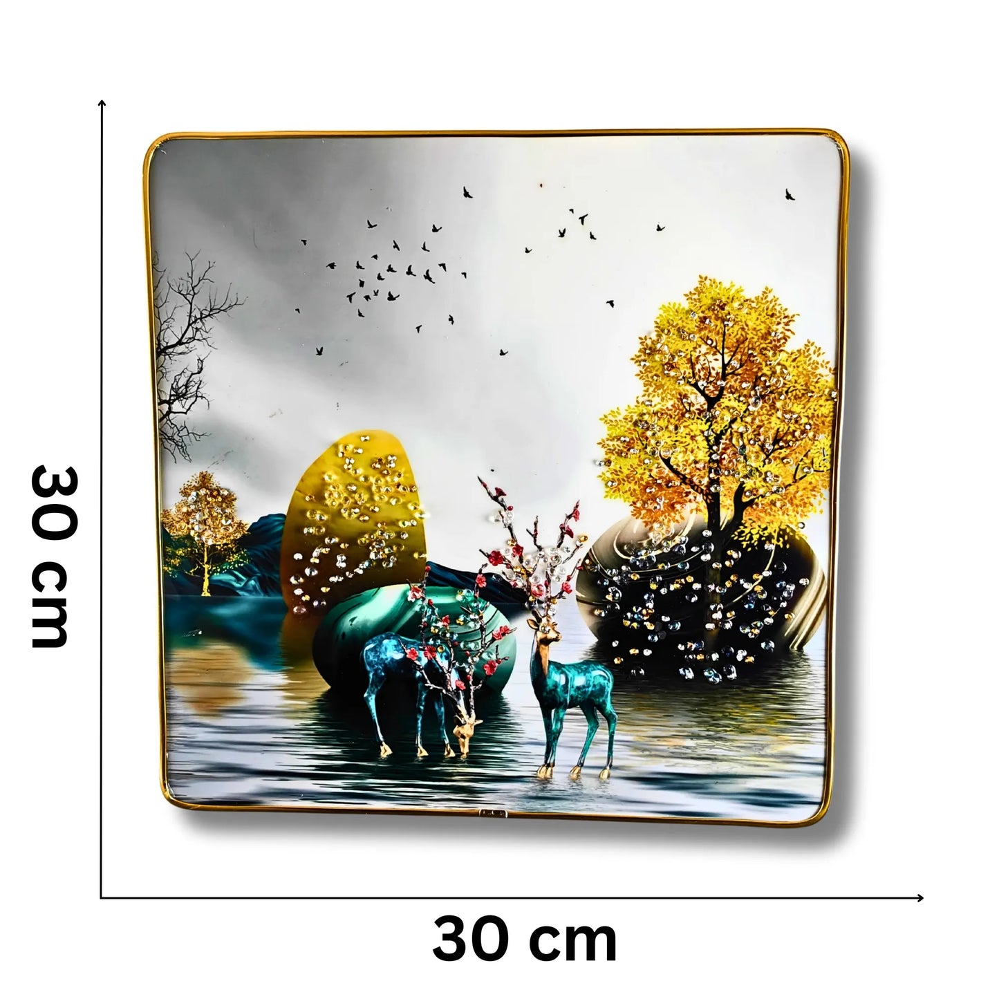 Set of 2 Abstract Golden Deer Wall Art - Premium 3D Crystal & Glitter Scenery for Modern Home Decor