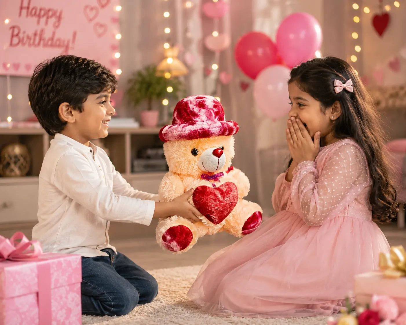 Peach Teddy Bear with Red Heart & Velvet Red Hat | Soft Plush Teddy Bear Toy for Kids, Girlfriend, Birthday & Valentine's Gift