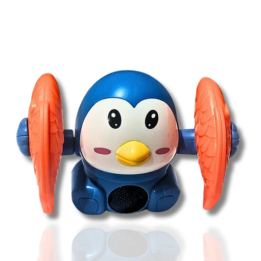 Toy penguin with orange wings on a white background
