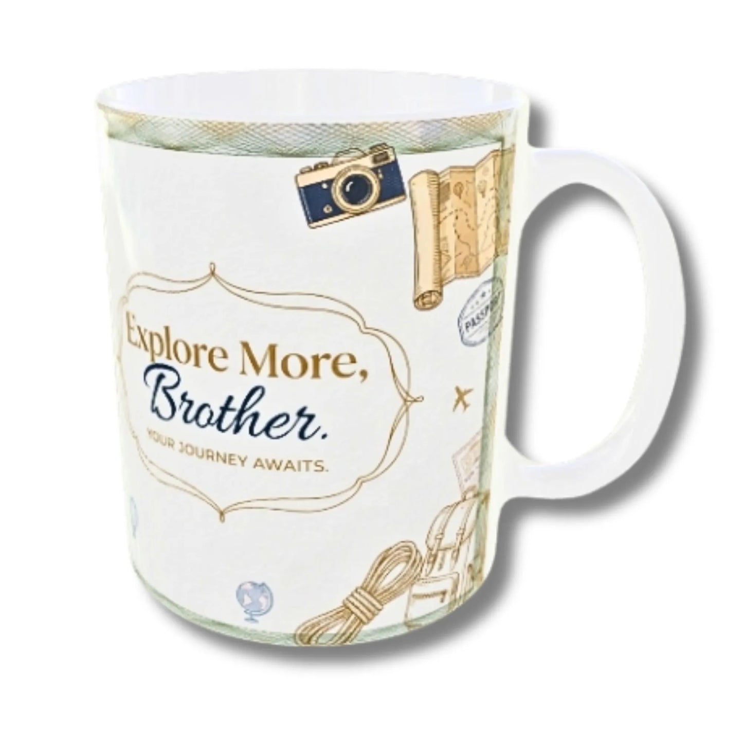 A white ceramic mug with a handle, decorated with vintage travel-themed illustrations including a camera, map, suitcase, and rope, with the text 'Explore More, Brother. Your Journey Awaits.
