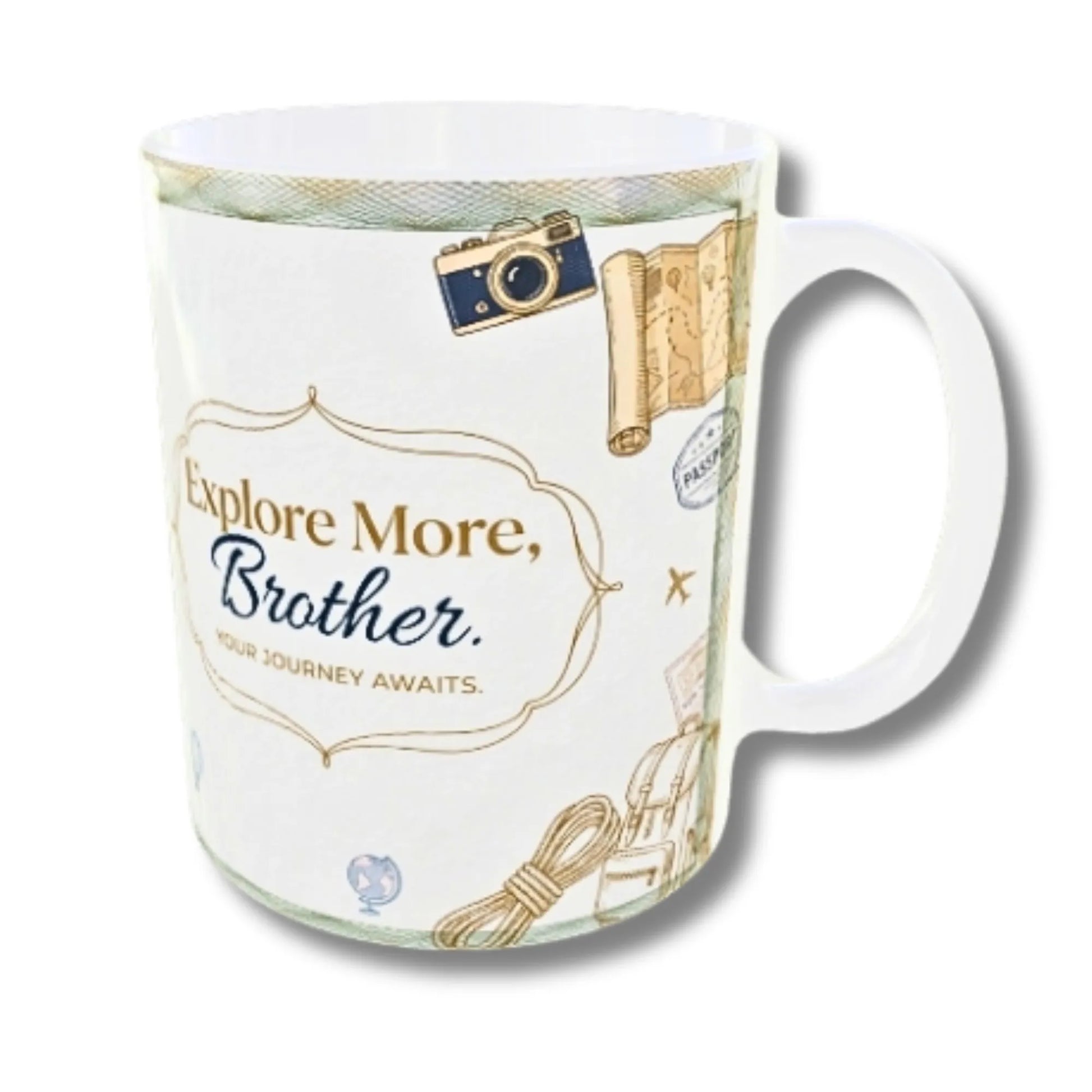 A white ceramic mug with a handle, decorated with vintage travel-themed illustrations including a camera, map, suitcase, and rope, with the text 'Explore More, Brother. Your Journey Awaits.
