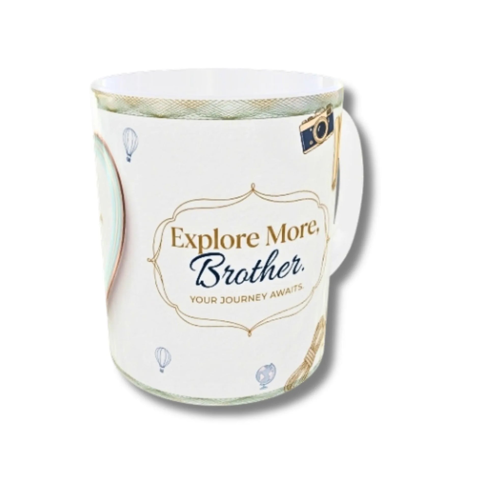 A white ceramic mug with a handle, featuring the printed text 'Explore More. Brother.