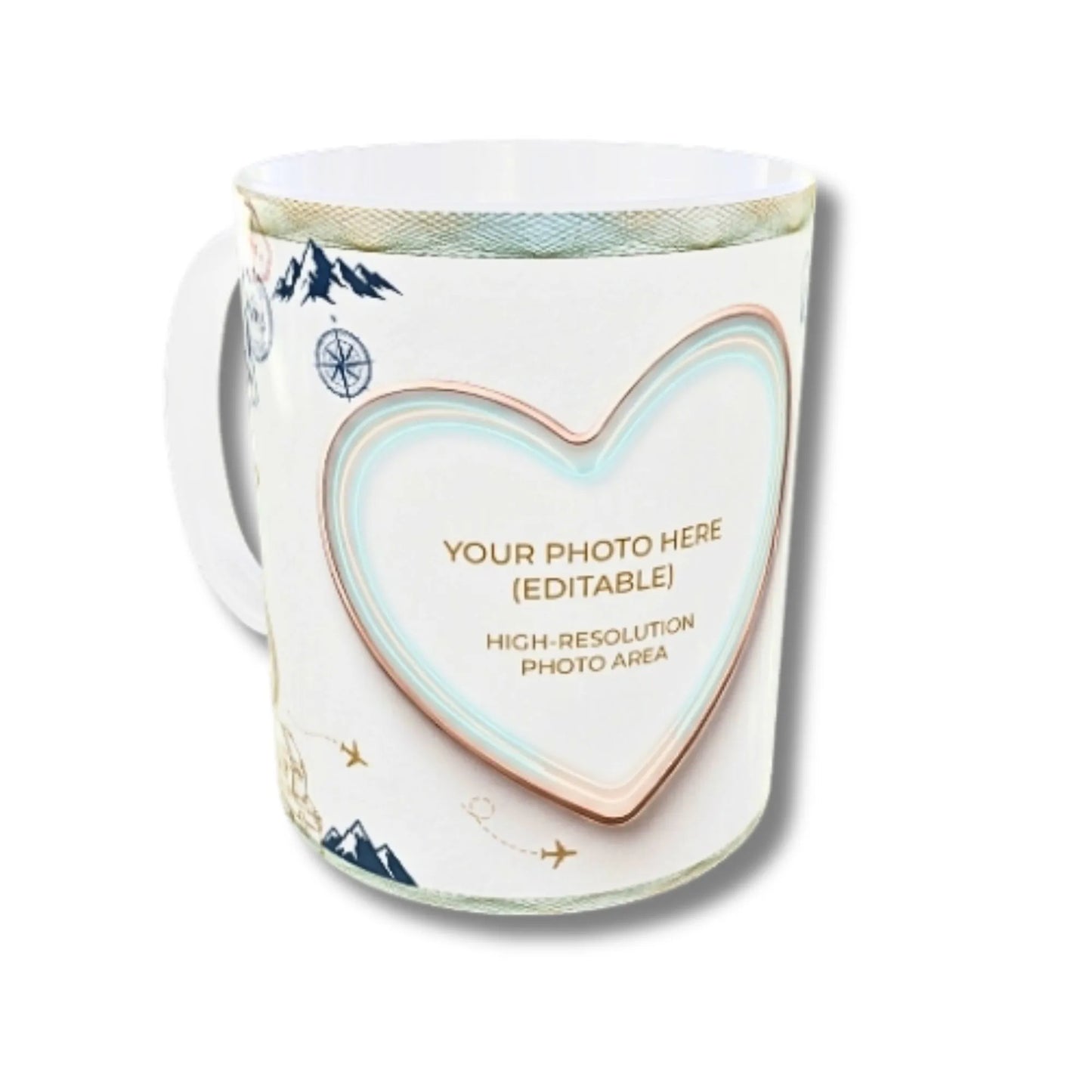 A white ceramic mug with a customizable heart-shaped photo frame on the front, featuring a light blue and pink border and placeholder text. The mug also has subtle travel-themed illustrations, including mountains, a compass, and airplanes, along with a gold patterned rim.