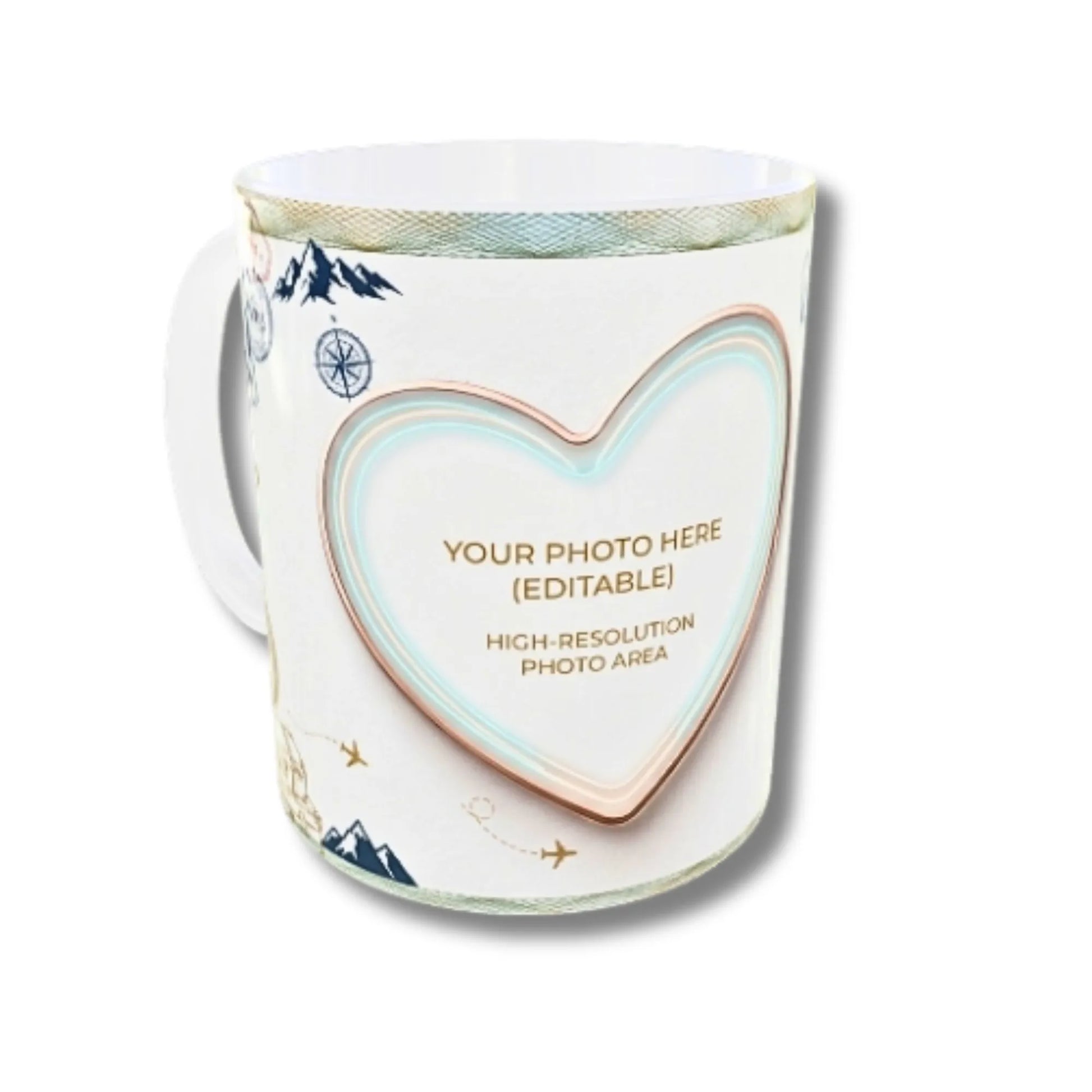 A white ceramic mug with a customizable heart-shaped photo frame on the front, featuring a light blue and pink border and placeholder text. The mug also has subtle travel-themed illustrations, including mountains, a compass, and airplanes, along with a gold patterned rim.