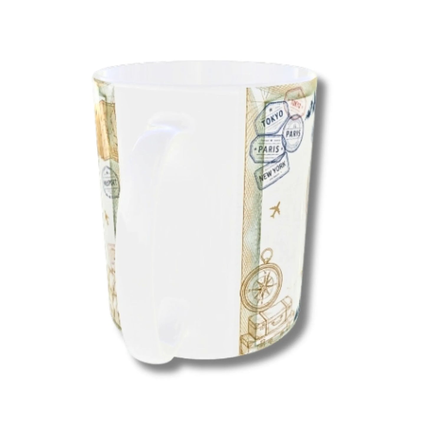 A white ceramic mug featuring a printed travel-themed design with passport stamps, a compass, and map elements in muted green, beige, and blue tones.