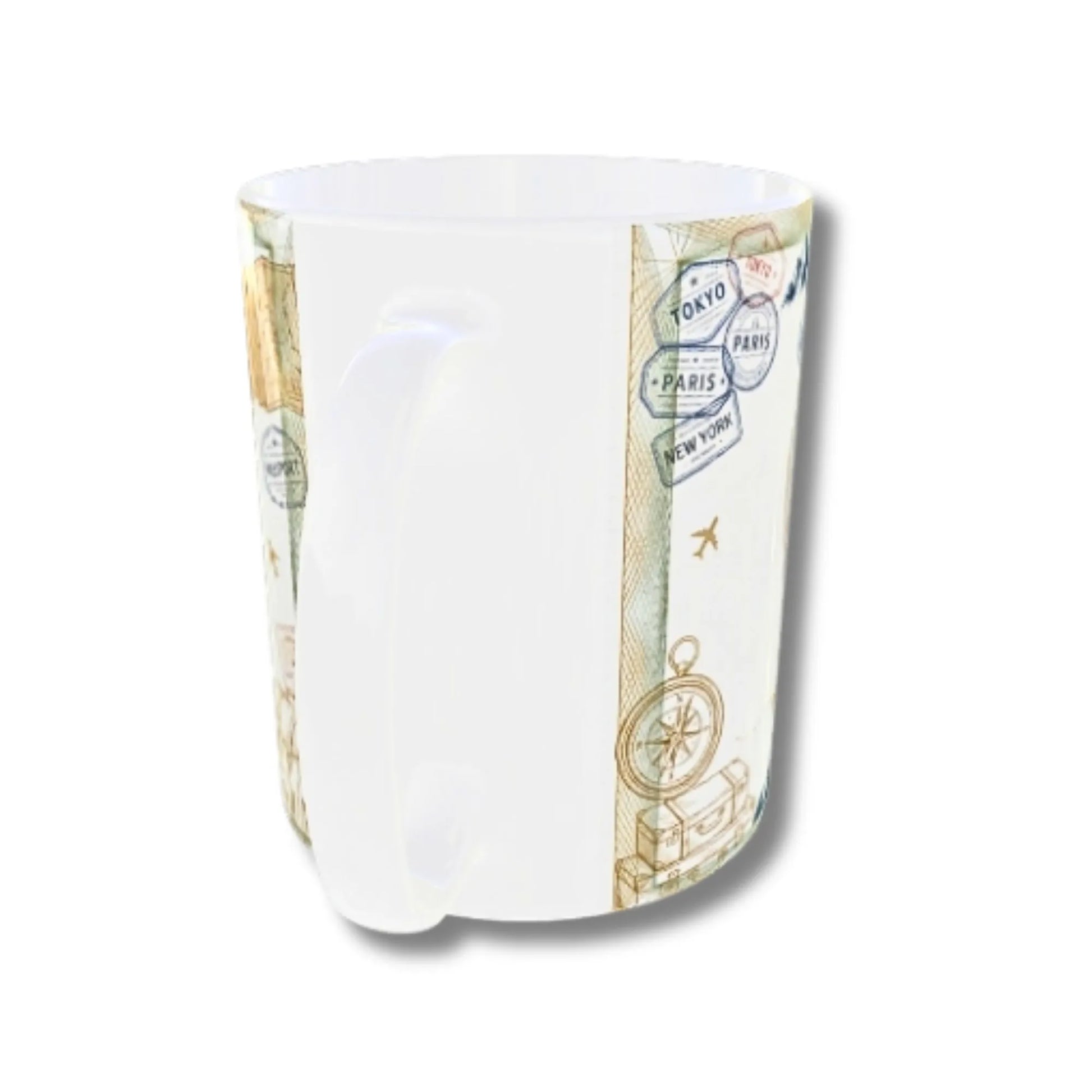 A white ceramic mug featuring a printed travel-themed design with passport stamps, a compass, and map elements in muted green, beige, and blue tones.