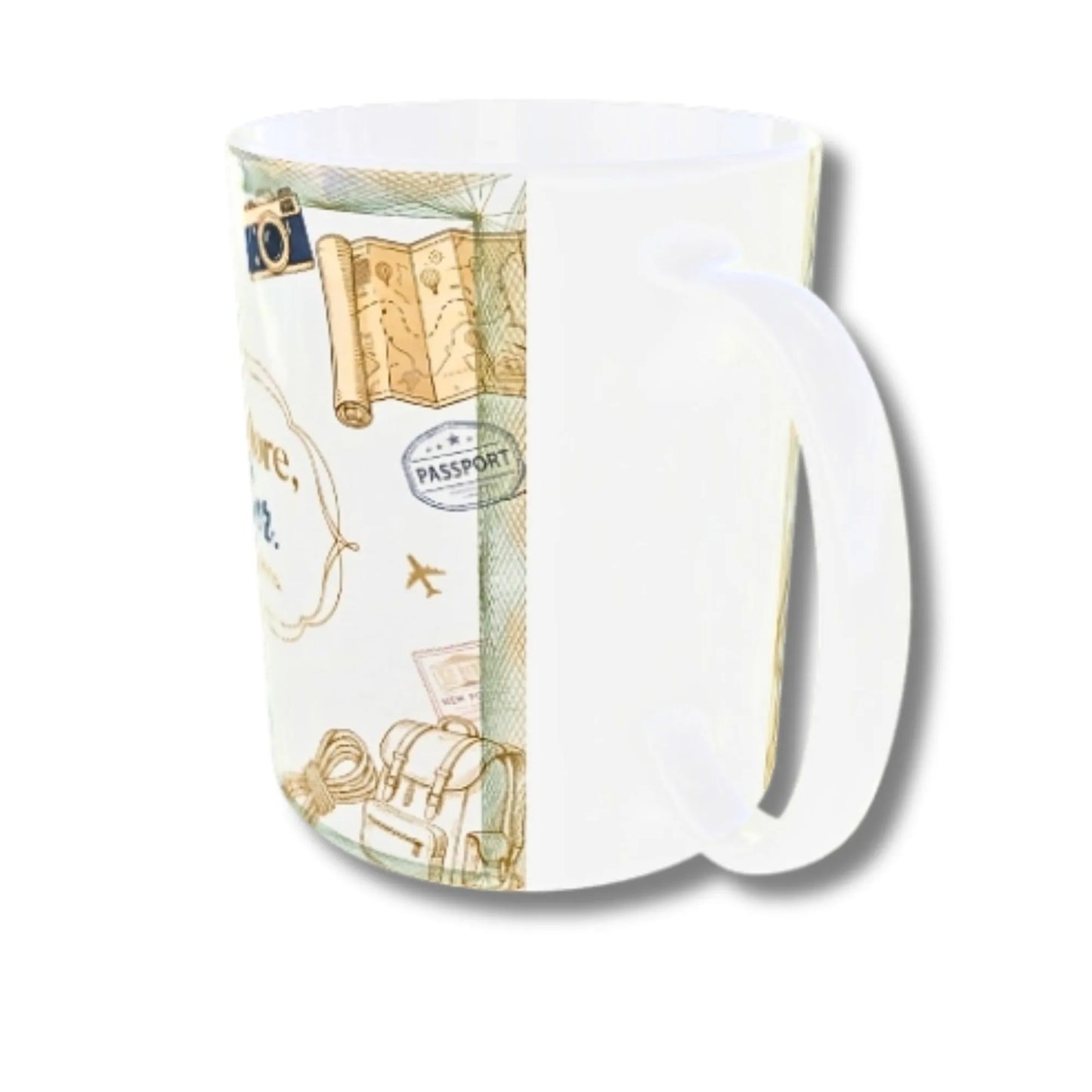 A white ceramic mug featuring a vintage travel-themed print with maps, a passport stamp, an airplane, and luggage in beige and light green tones.